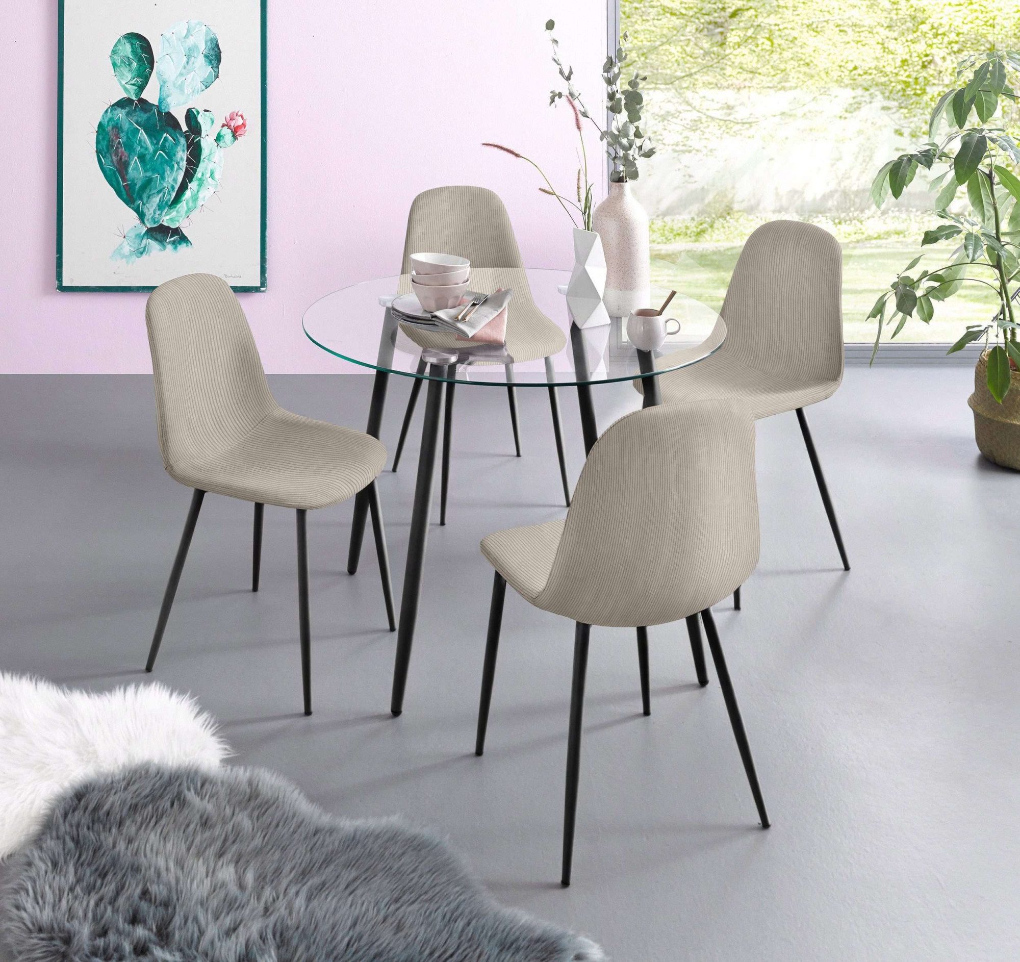 INOSIGN Eethoek Danny-Miller Glazen tafel 100x100 cm met 4 stoelen in cord, frame van metaal (set, 5-delig) eethoeken grijs