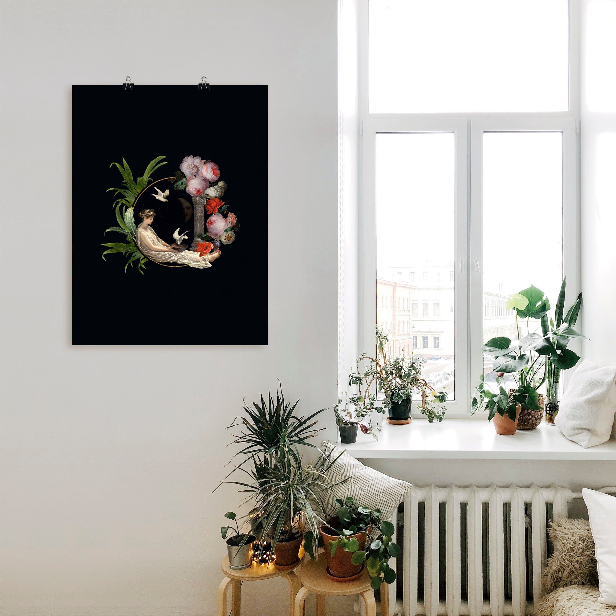 Artland Poster Vintage dame met duif als artprint van aluminium, artprint op linnen, muursticker of poster in verschillende maten