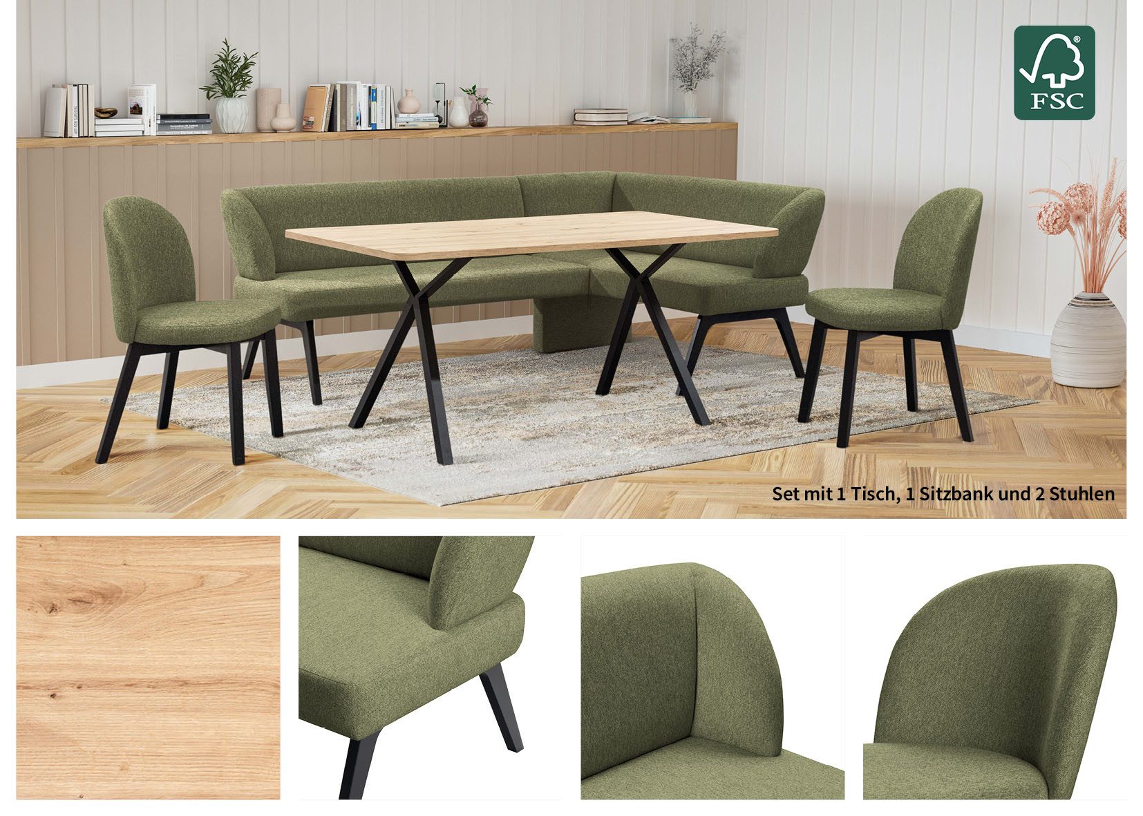 Home affaire Eethoek Aretha eetkamerset, zitgroep, hoekbank, keukenbank Eetkamer zitgroep, tafel, stoelen en bank gestoffeerd, Nosag-vering (4-delig)