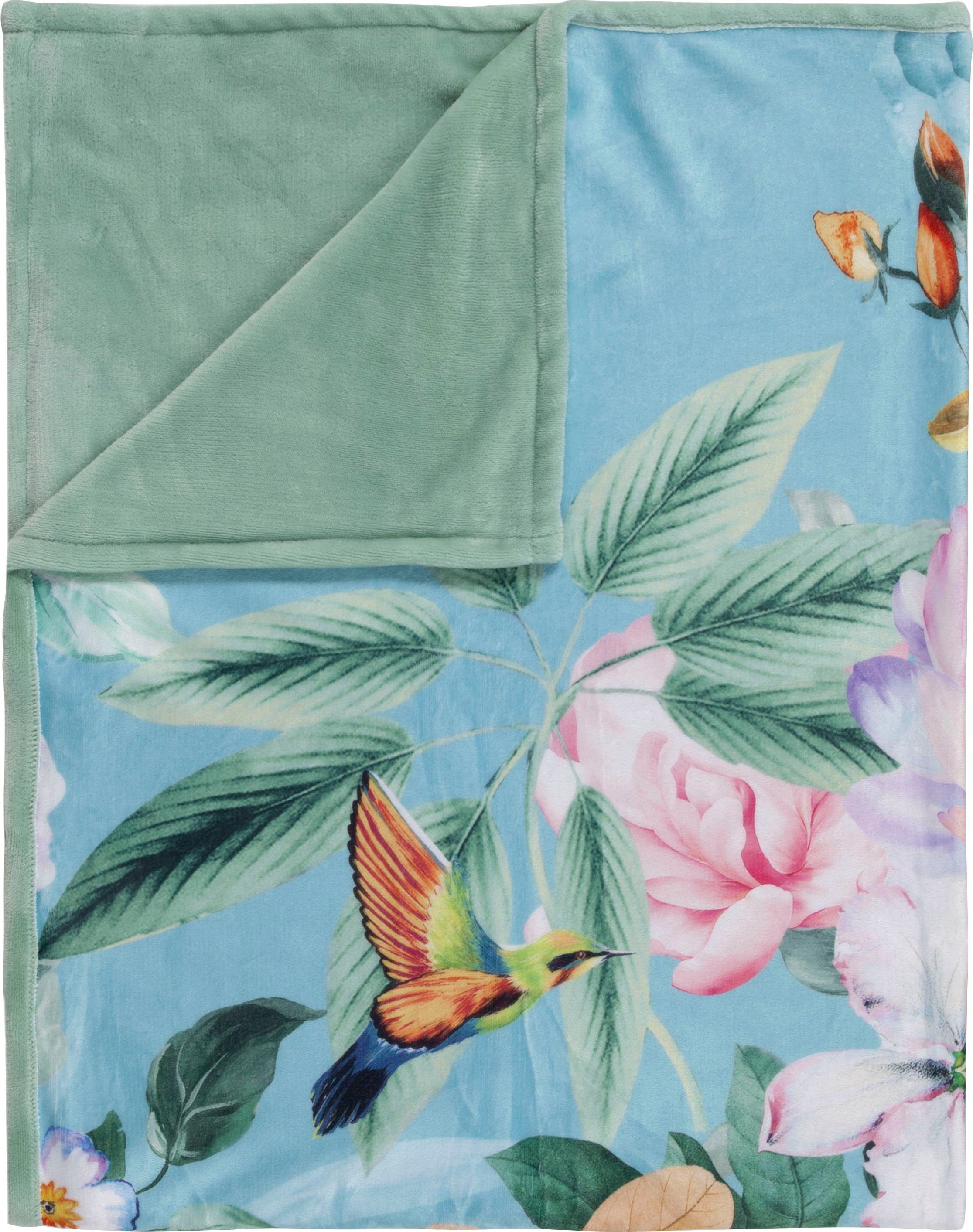 Descanso Plaid Fungi Zeer zacht, knuffeldeken, 130x160 cm, omkeerbaar, bloemen, groen, turquoise