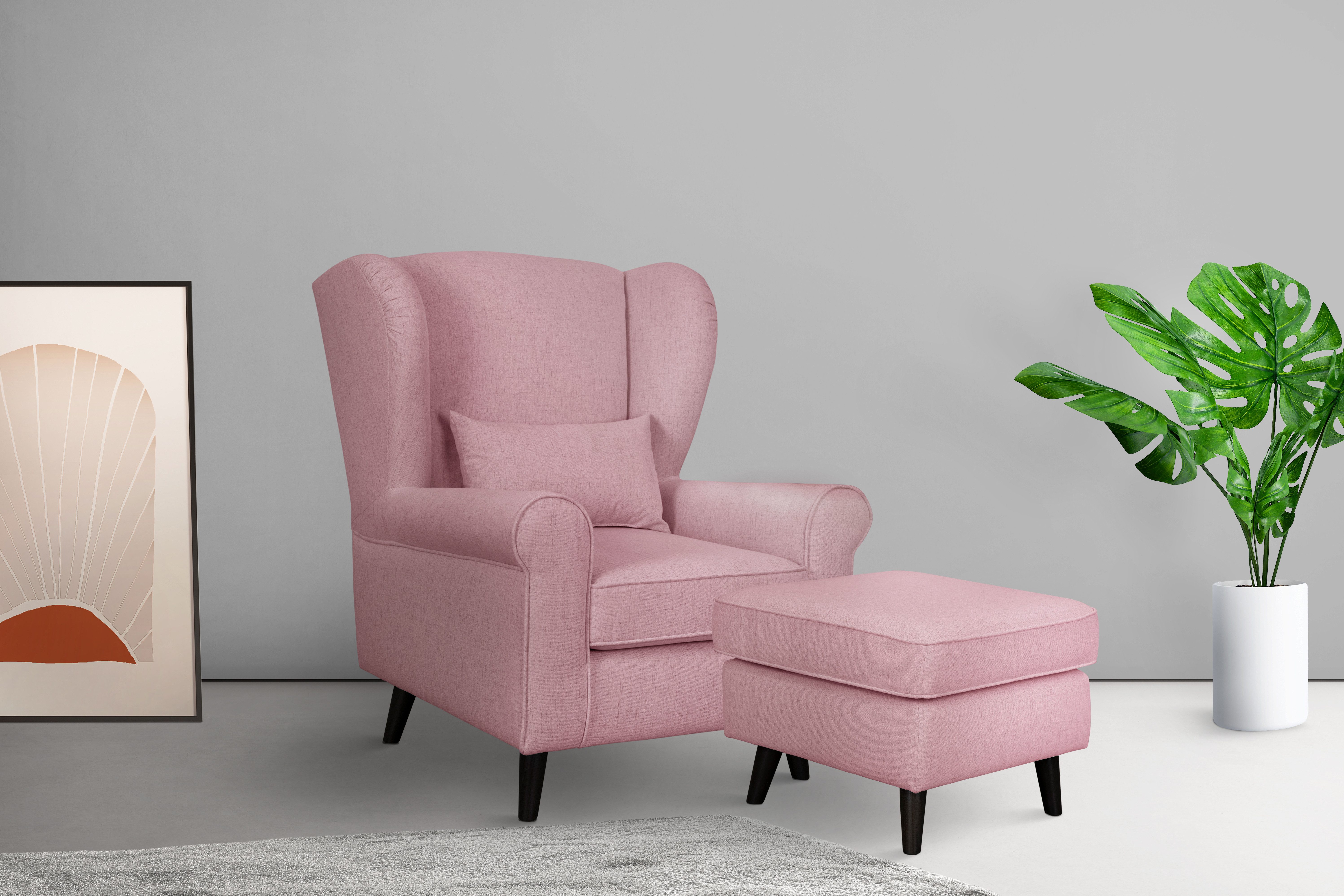 Home affaire Fauteuil Ohrensessel CHISTELLE, optioneel met poef met golfondersteuning, afmetingen: b/d/h: 81/87/99 cm fauteuils roze