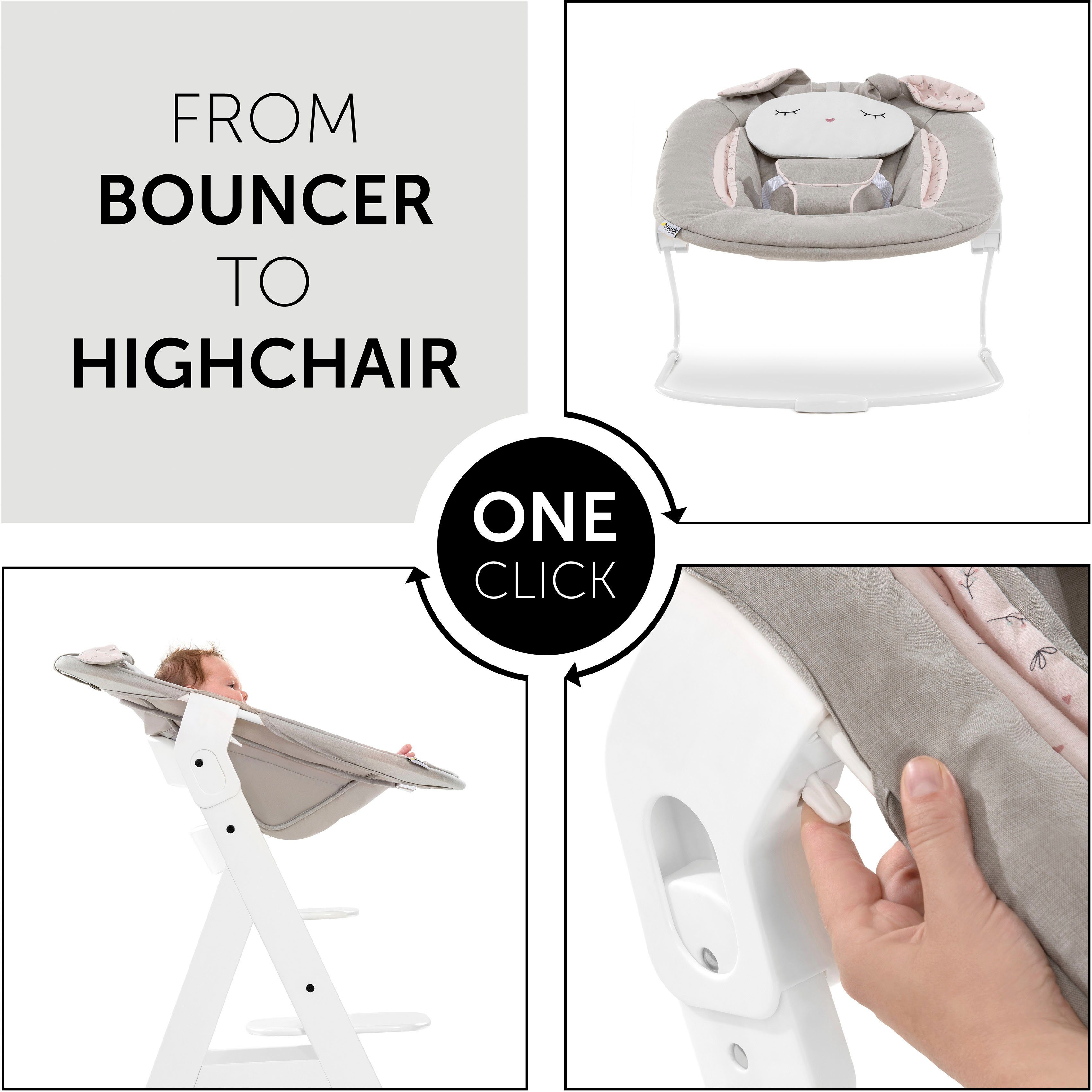 Hauck Opzet voor de kinderstoel Alpha Bouncer 2in1 Wippenopzetstuk, Poeder Konijn beige Bloem met wipframe, voor pasgeborenen, passend voor alpha+ houten kinderstoel
