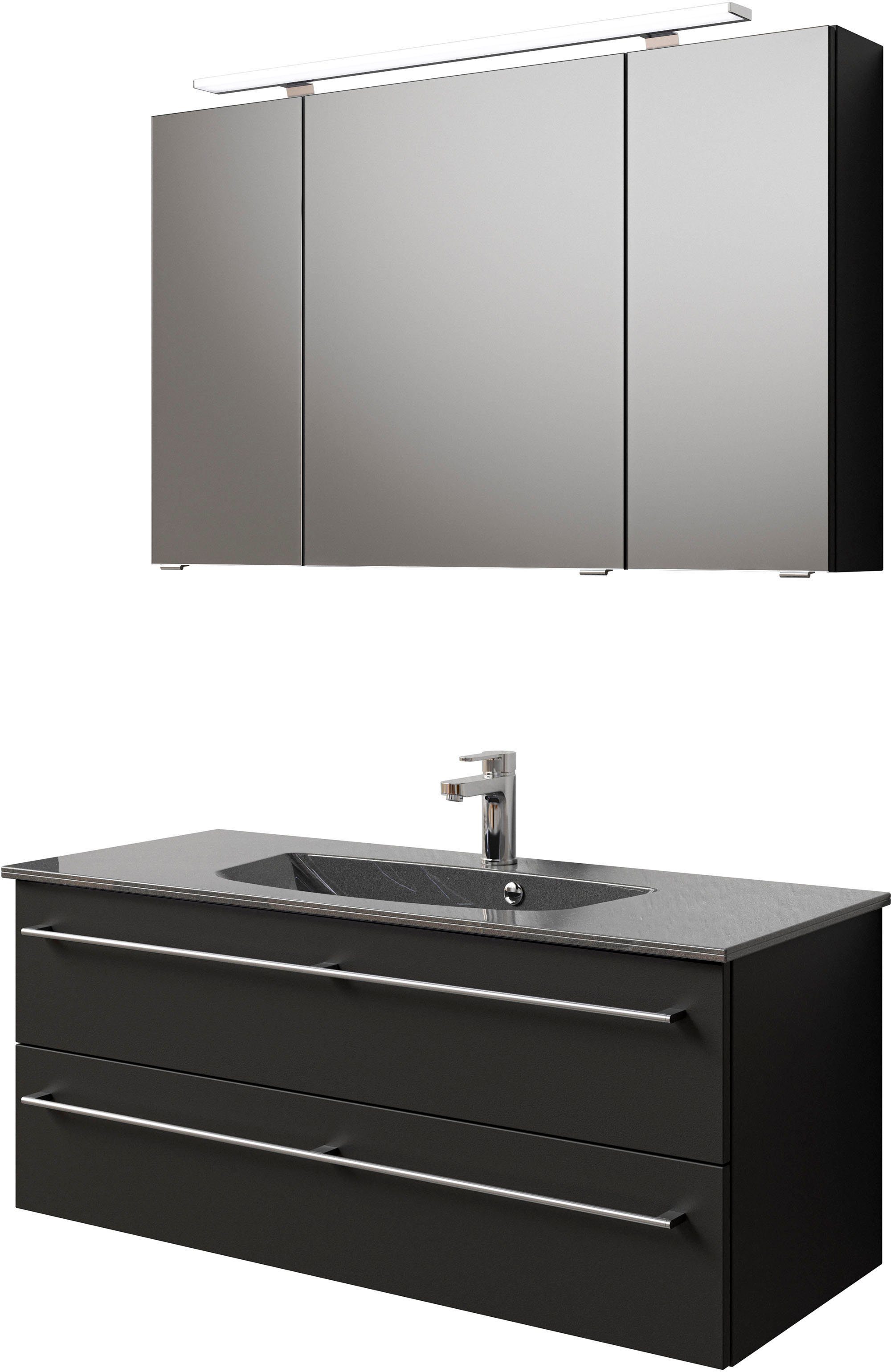 Saphir Badkamerserie Serie 6025 2-delig, mineraalmarmeren wastafel met led-spiegelkast Wastafelmeubel 117 cm breed, 2 laden, 3 spiegeldeuren, incl.