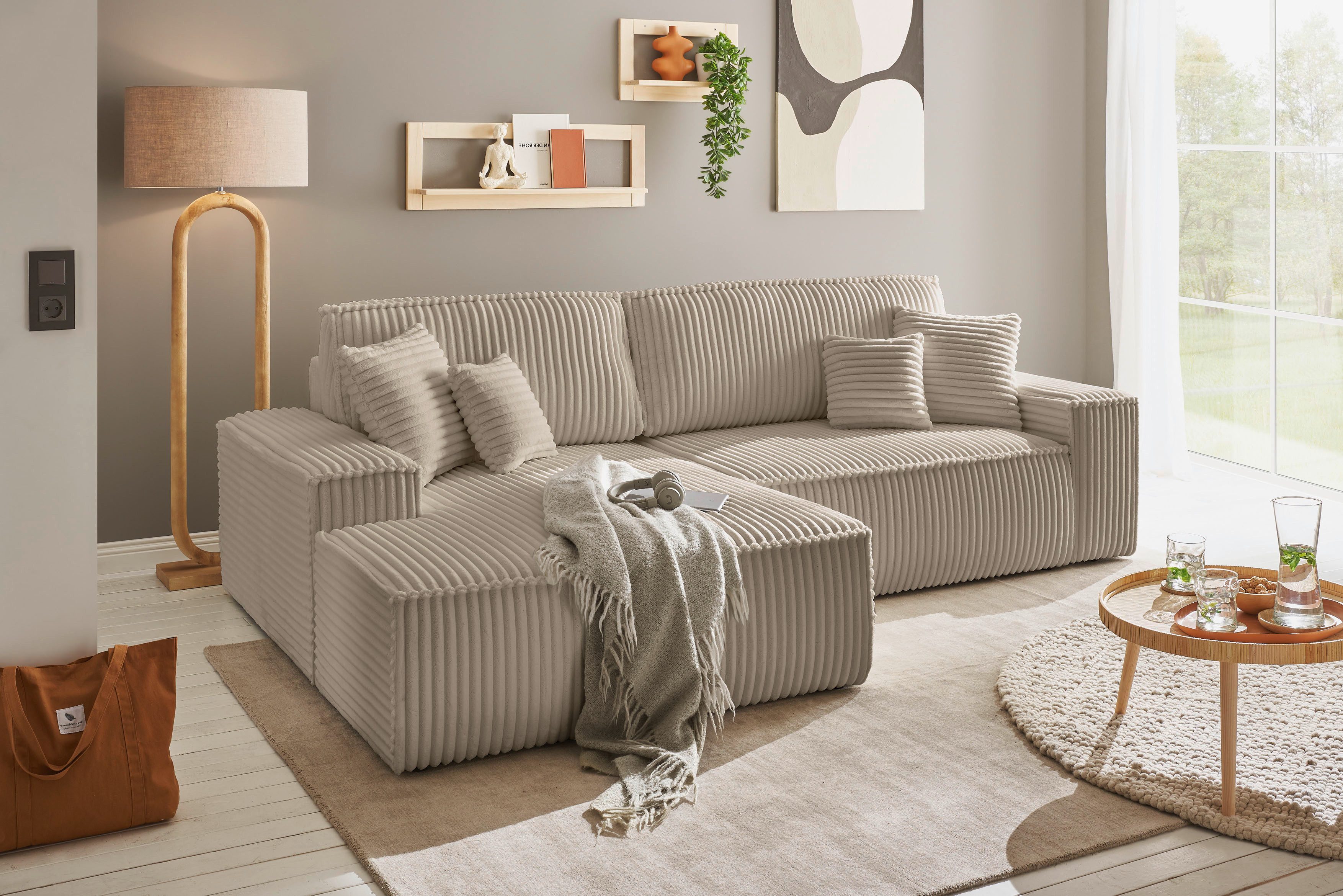 andas Hoekbank Finnley slaapbank 267 cm in Bouclé, fijne structuur en cord, L-vorm