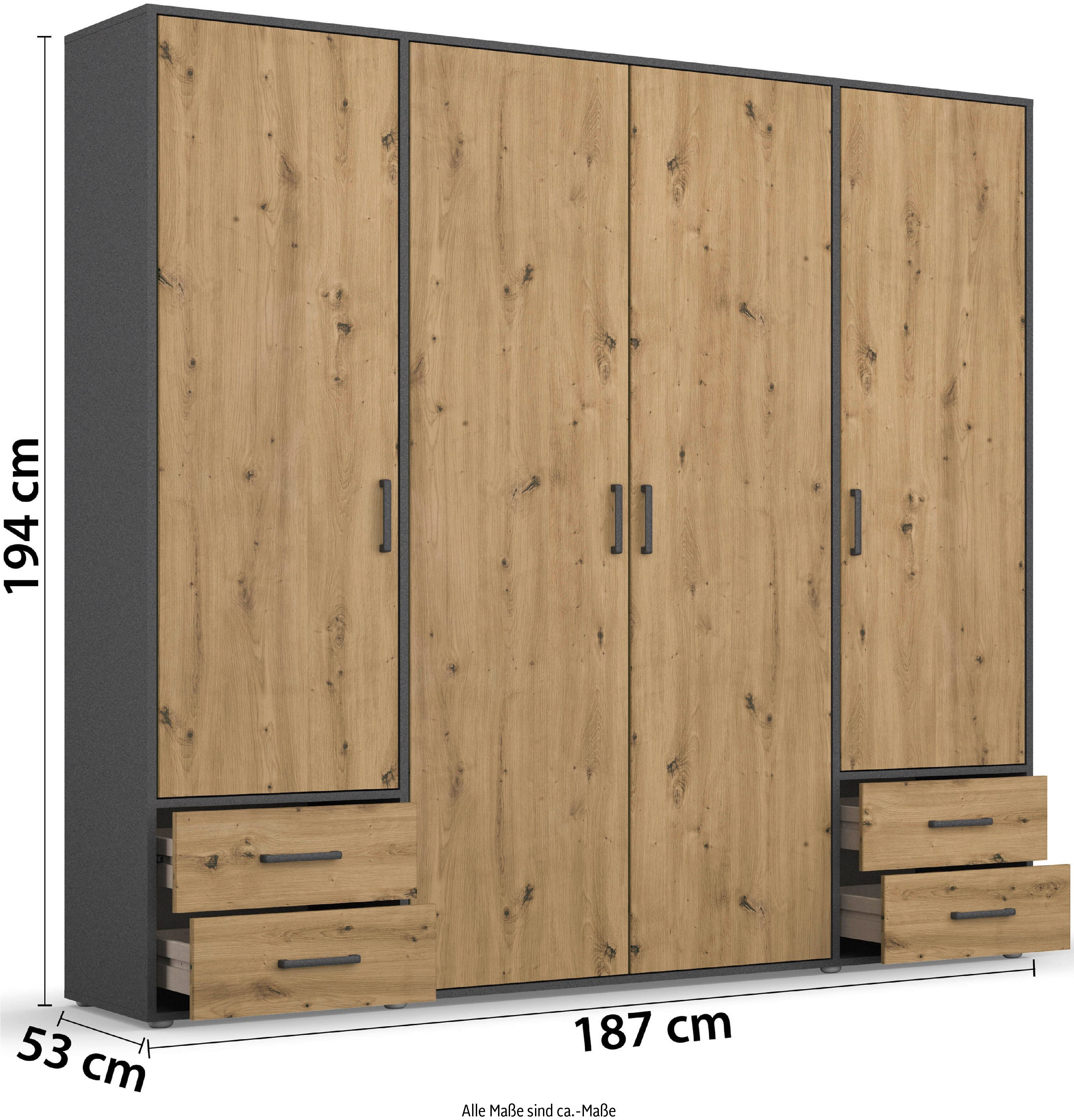 rauch Draaideurkast Voyager, kledingkast met buitenladen, garderobe moderne grepen in grijs metallic met buitenlades made in germany
