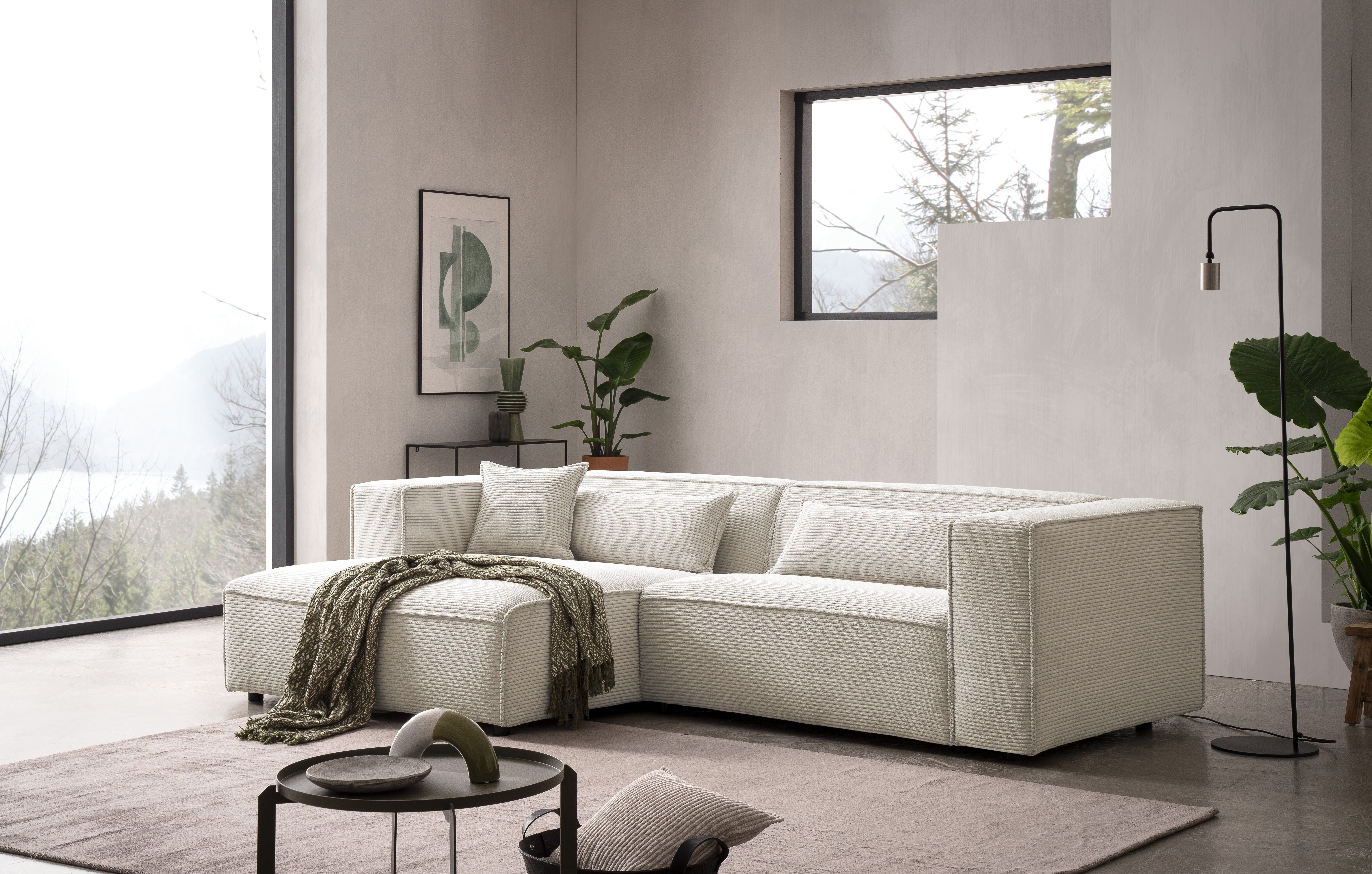 LeGer Home by Lena Gercke Hoekbank PIARA met biesnaad in cord of linnenlook, moderne bank in L-vorm keuze ottomaan rechts/links, zwarte voeten, comfortabel zitcomfort