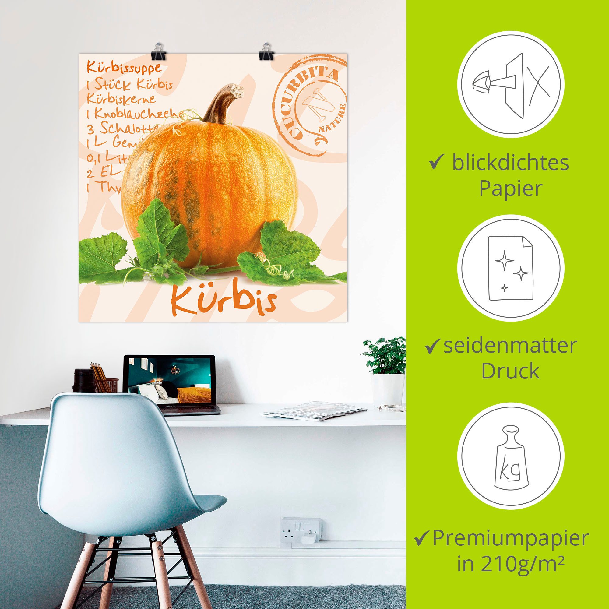 Artland Artprint Gele pompoen met groene bladeren als poster, muursticker in verschillende maten