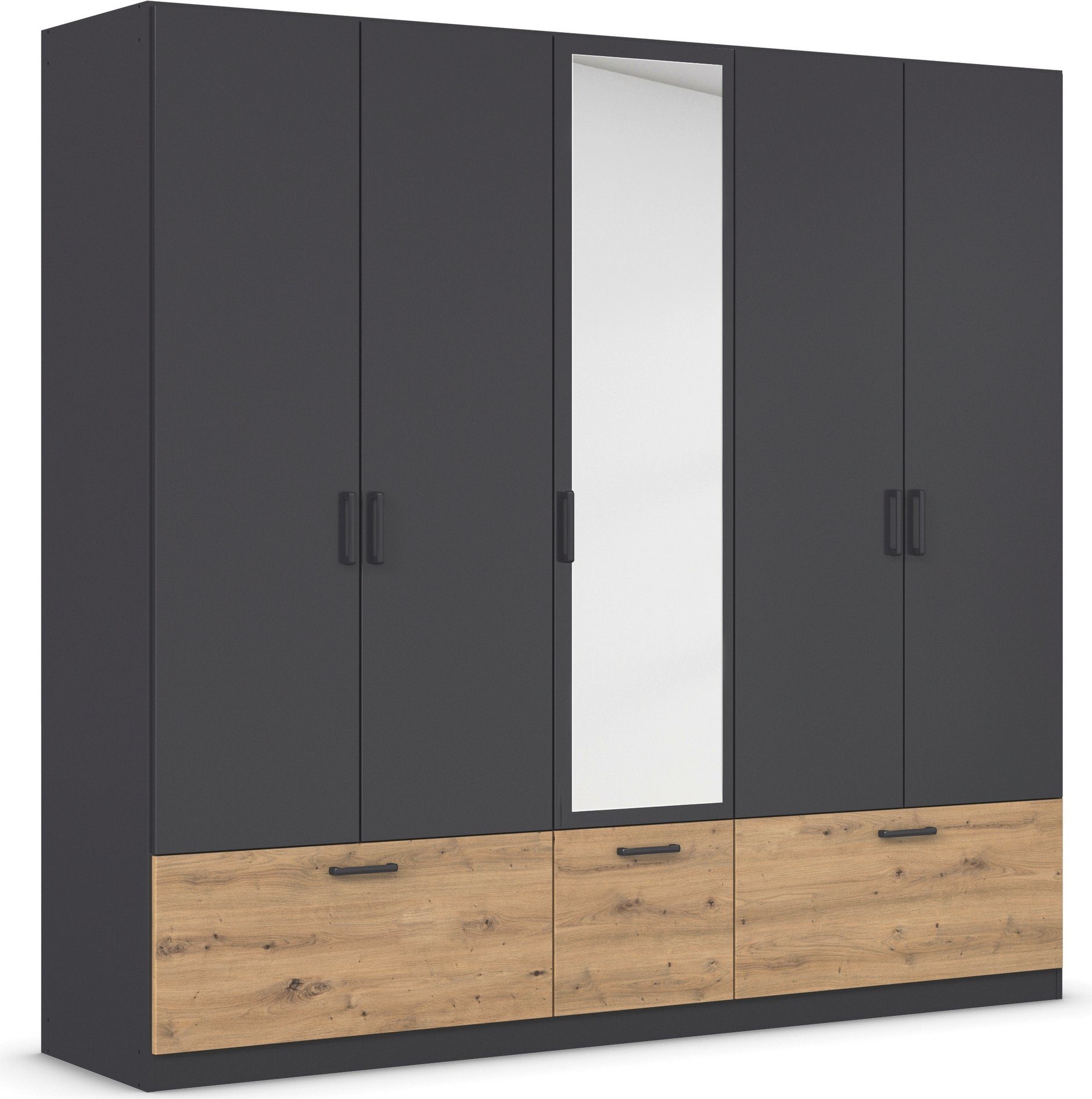 rauch Draaideurkast Kledingkast kast garderobe waskast BARI met spiegel met lades en moderne greep in grijs metallic made in germany