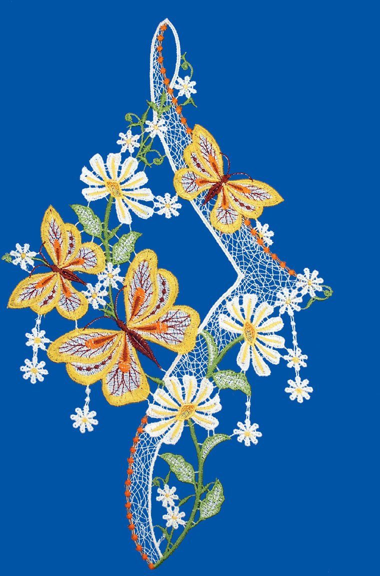 W. Reuter & Sohn - Plauener Spitze® Raamdecoratie "vlinders" oranje