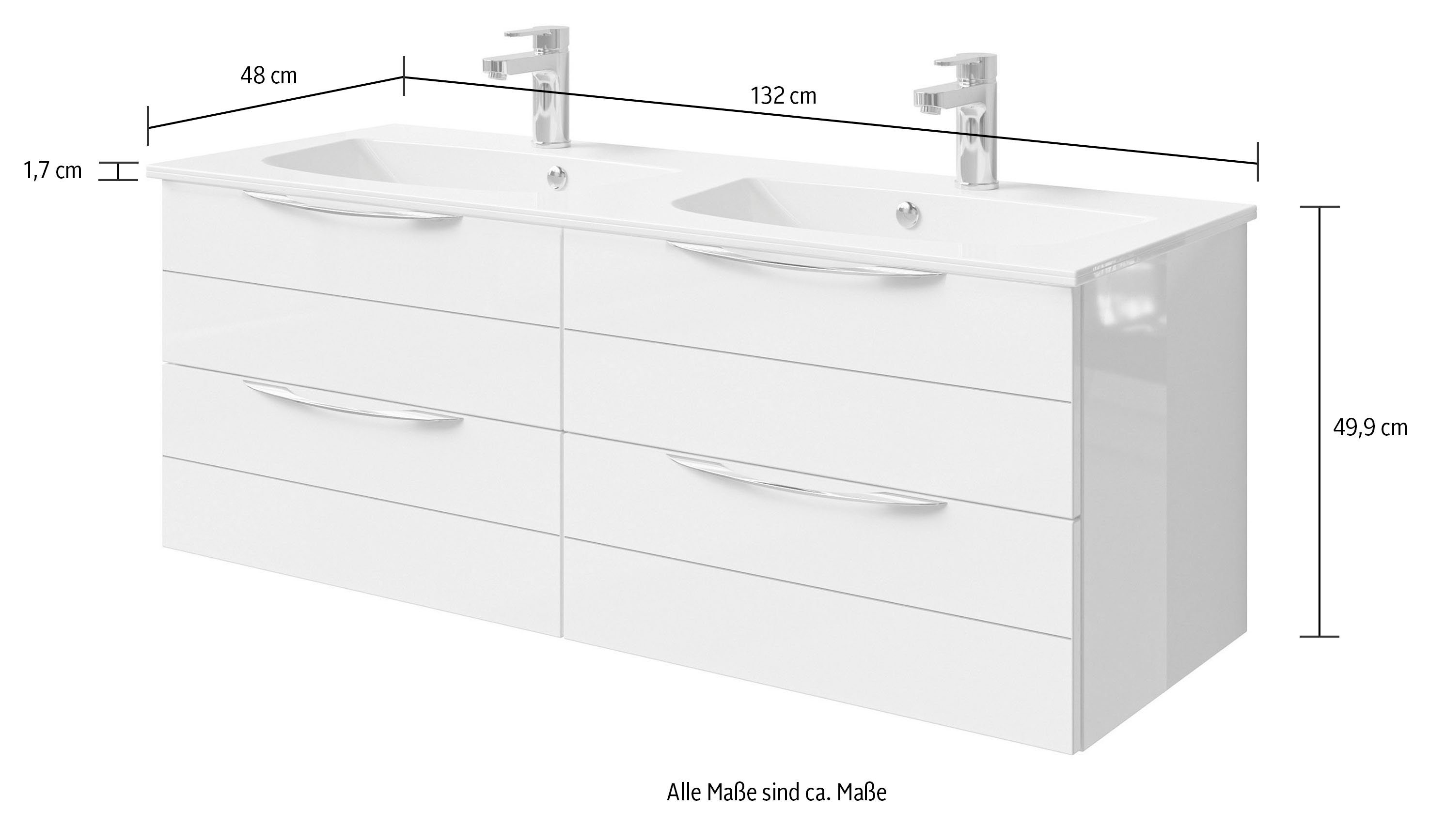 Saphir Wastafelonderkast Serie 6025 mineraalmarmeren wastafel met onderkast, 132 cm breed Dubbele wastafel met 4 lades, hangend, verschillende uitvoeringen (2-delig)