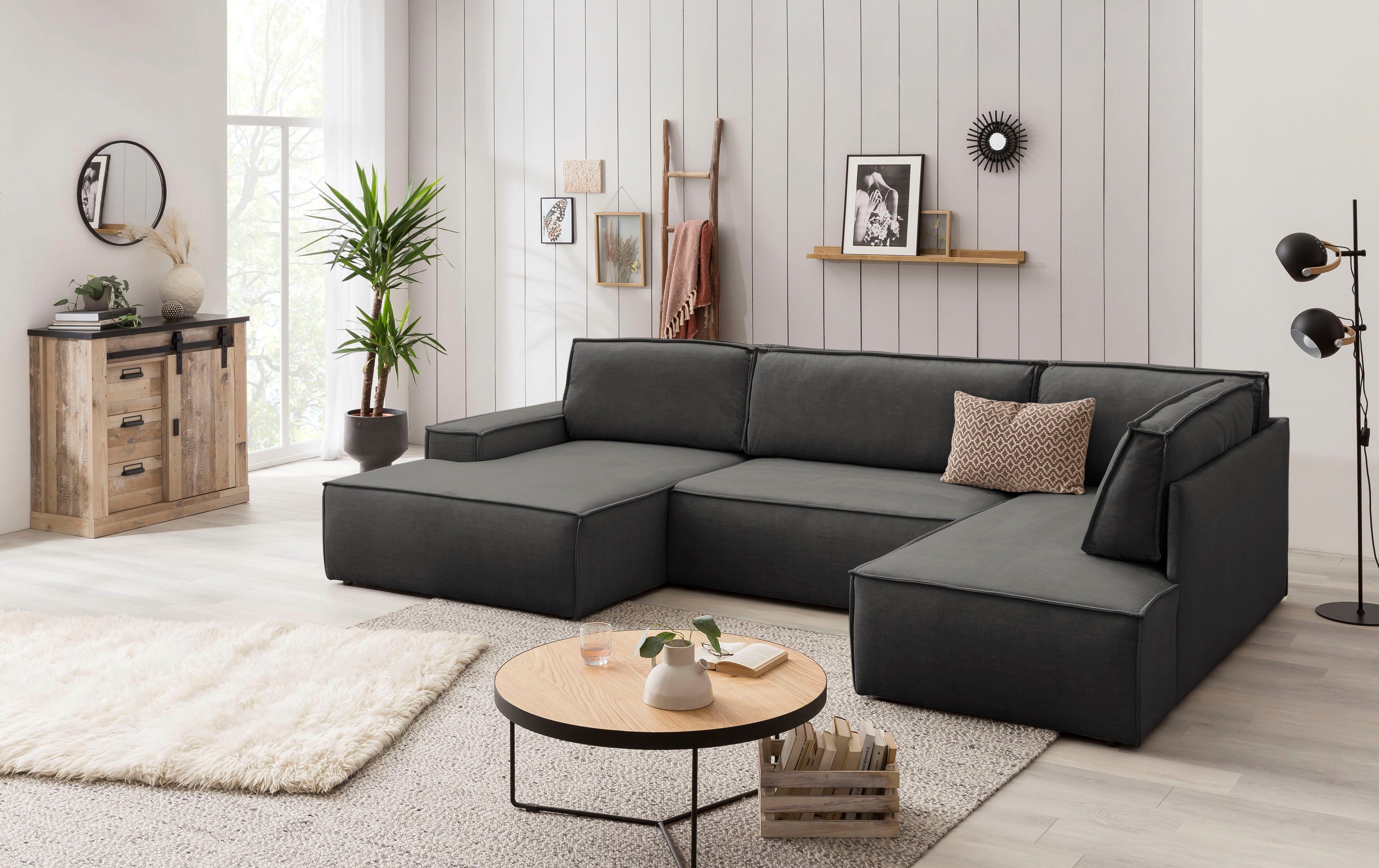 Home affaire Zithoek SHERWOOD 329 cm, U-vorm, slaapbank, Slaapfunctie met bedkist (194x139 cm), cord, vintage, fluweel