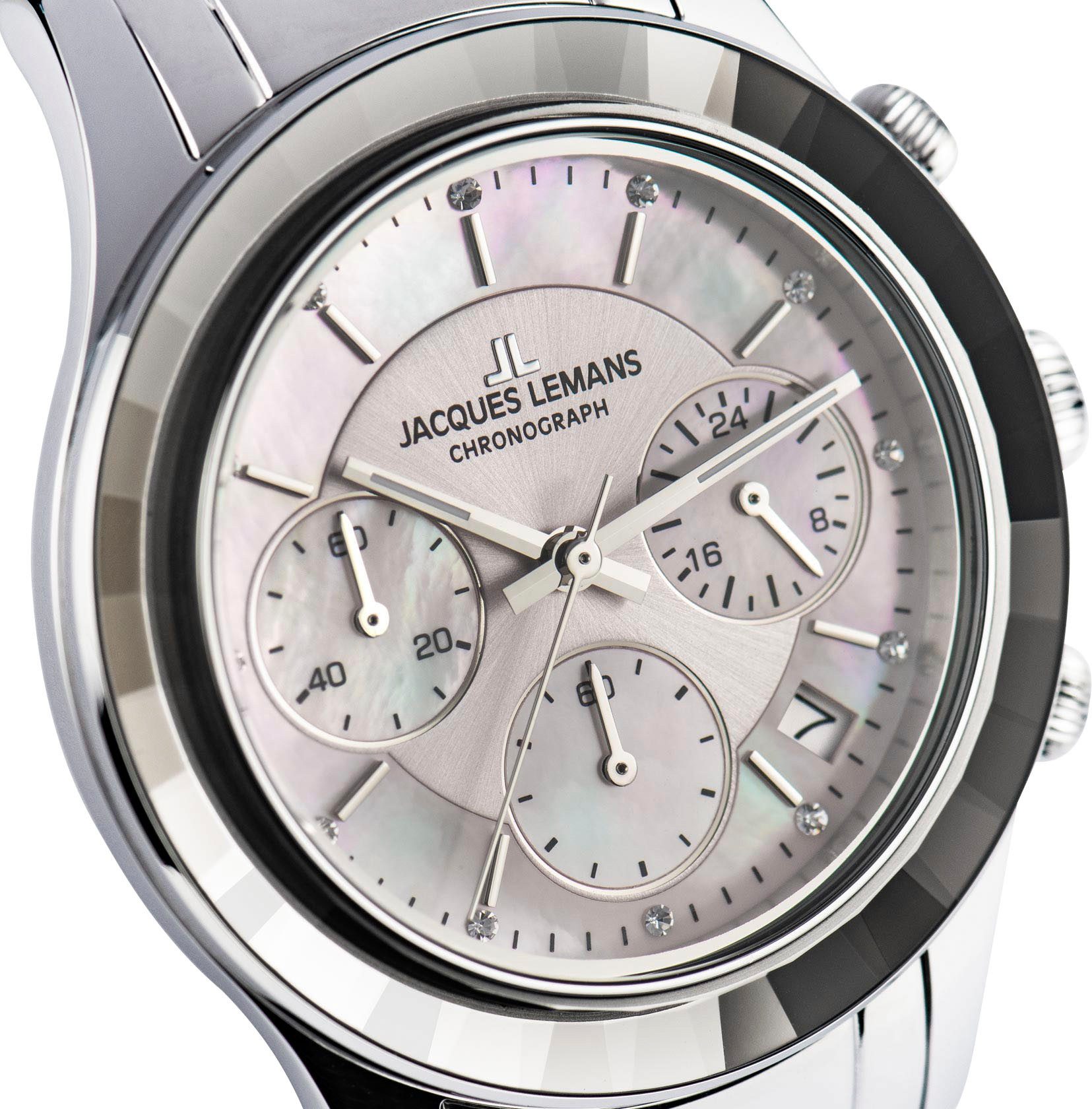 Jacques Lemans Chronograaf Venice Polshorloge, dameshorloge, leren band, stopwatchfunctie, datum, parelmoer