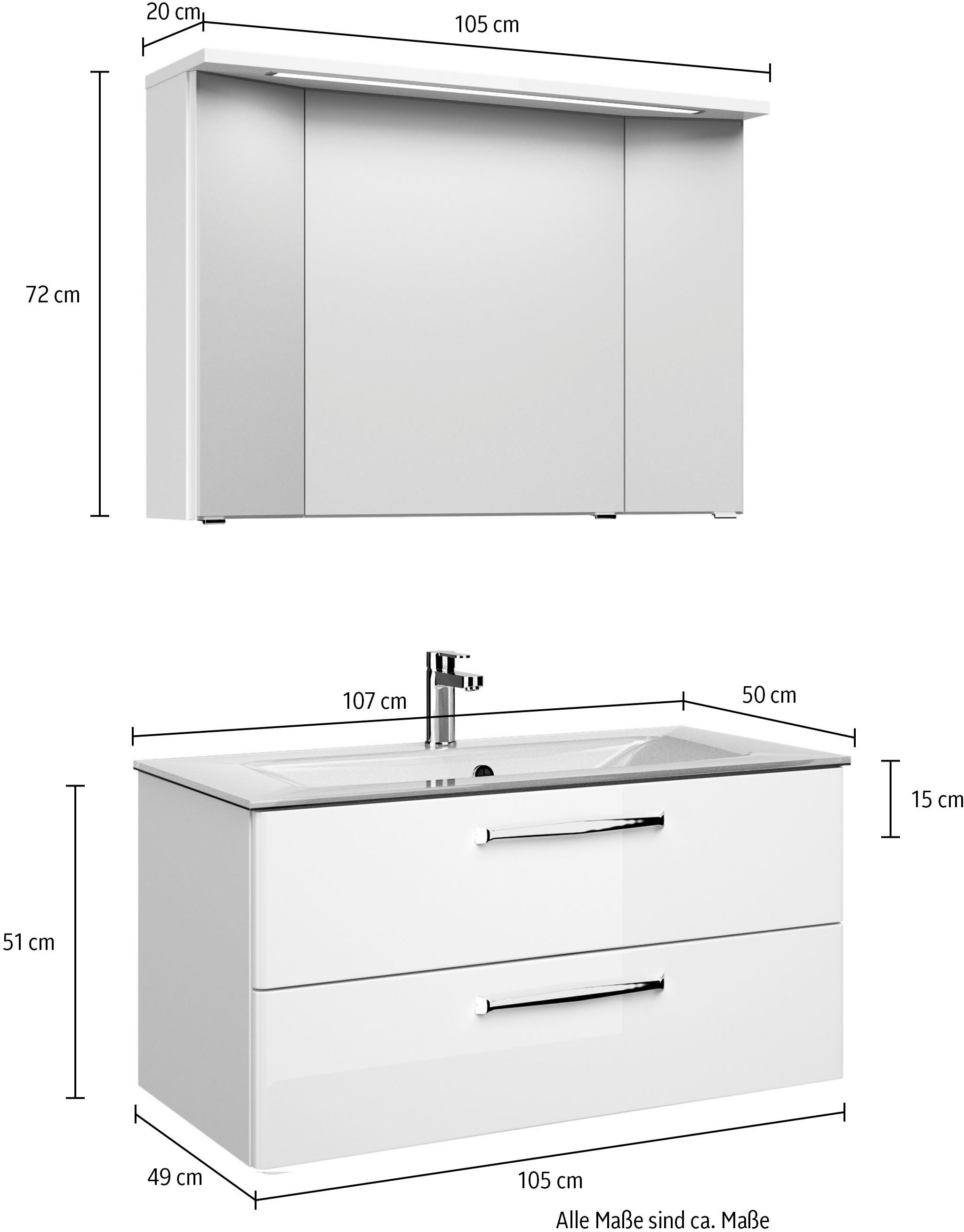 Saphir Badmeubelset Trentino 2-delig glazen wastafel, spiegelkast met LED-verlichting Badkamermeubel-set 107cm breed, incl. deurdemper, 3 deuren, 2 lades (3 stuks)