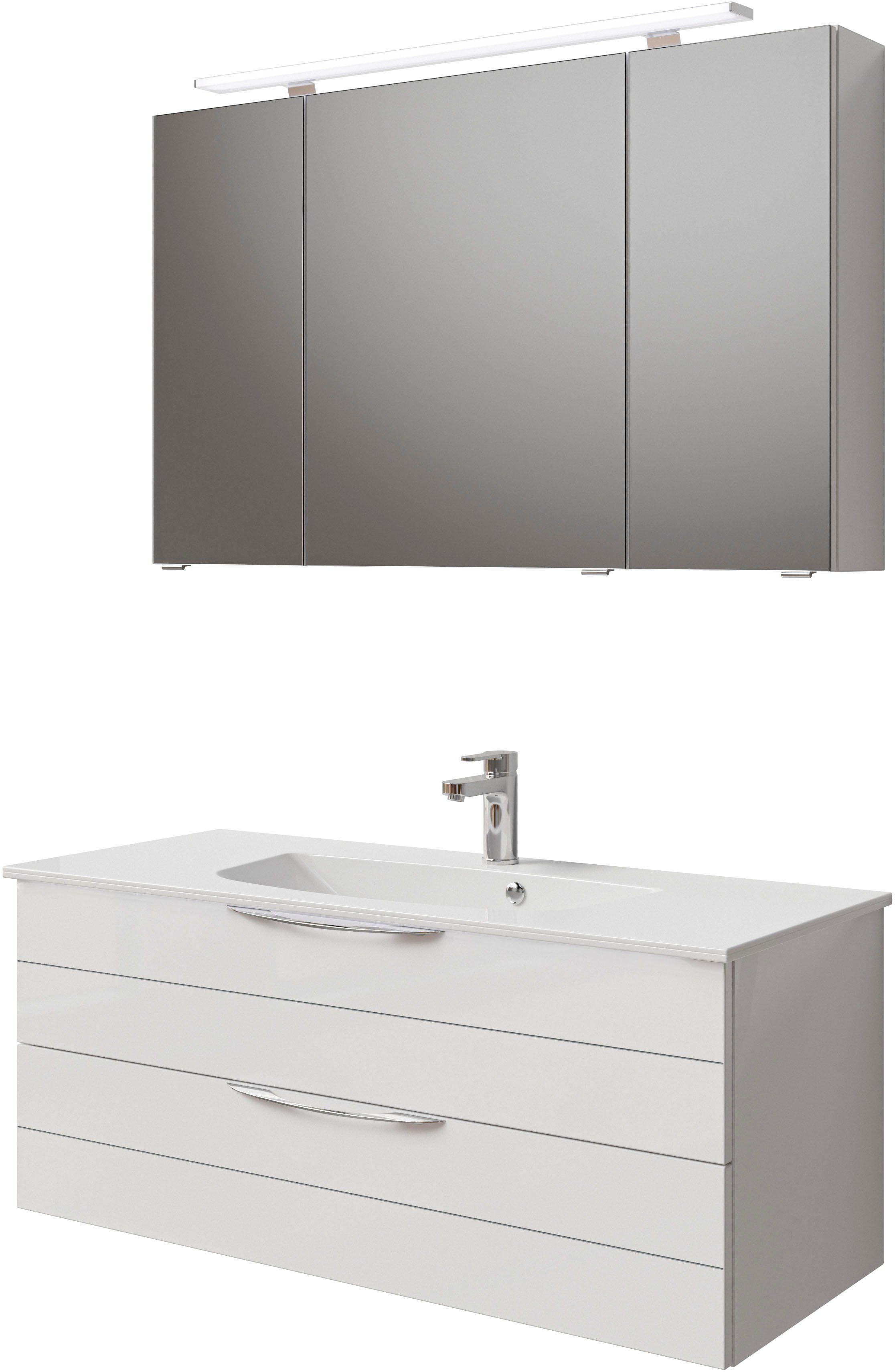 Saphir Badkamerserie Serie 6025 2-delig, mineraalmarmeren wastafel met led-spiegelkast Wastafelmeubel 117 cm breed, 2 laden, 3 spiegeldeuren, incl.