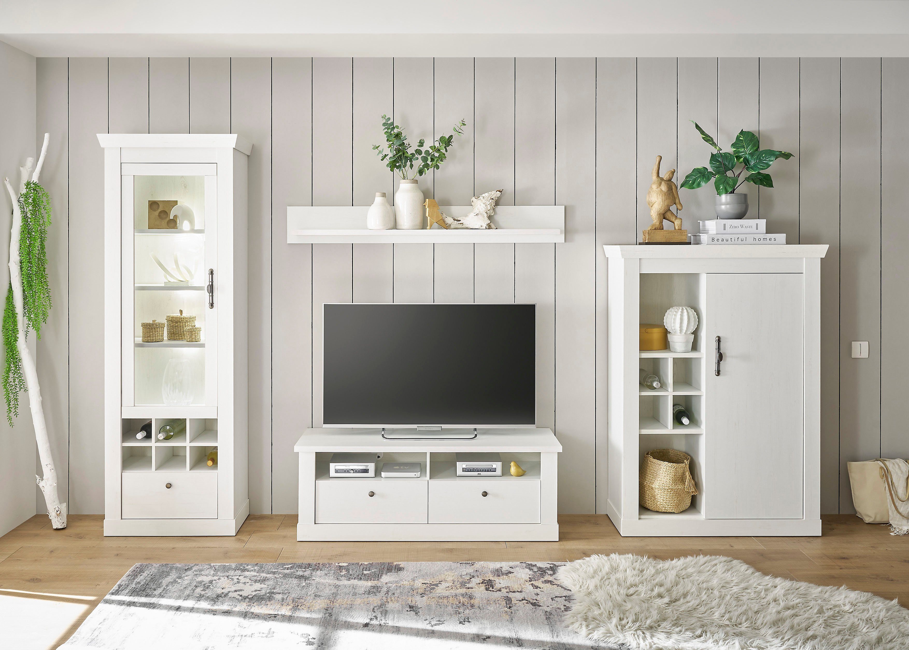 Home affaire Wandmeubel Ravenna in romantische landelijke stijl, grepen van metaal, soft-closefunctie (4-delig) tv-wandmeubels wit