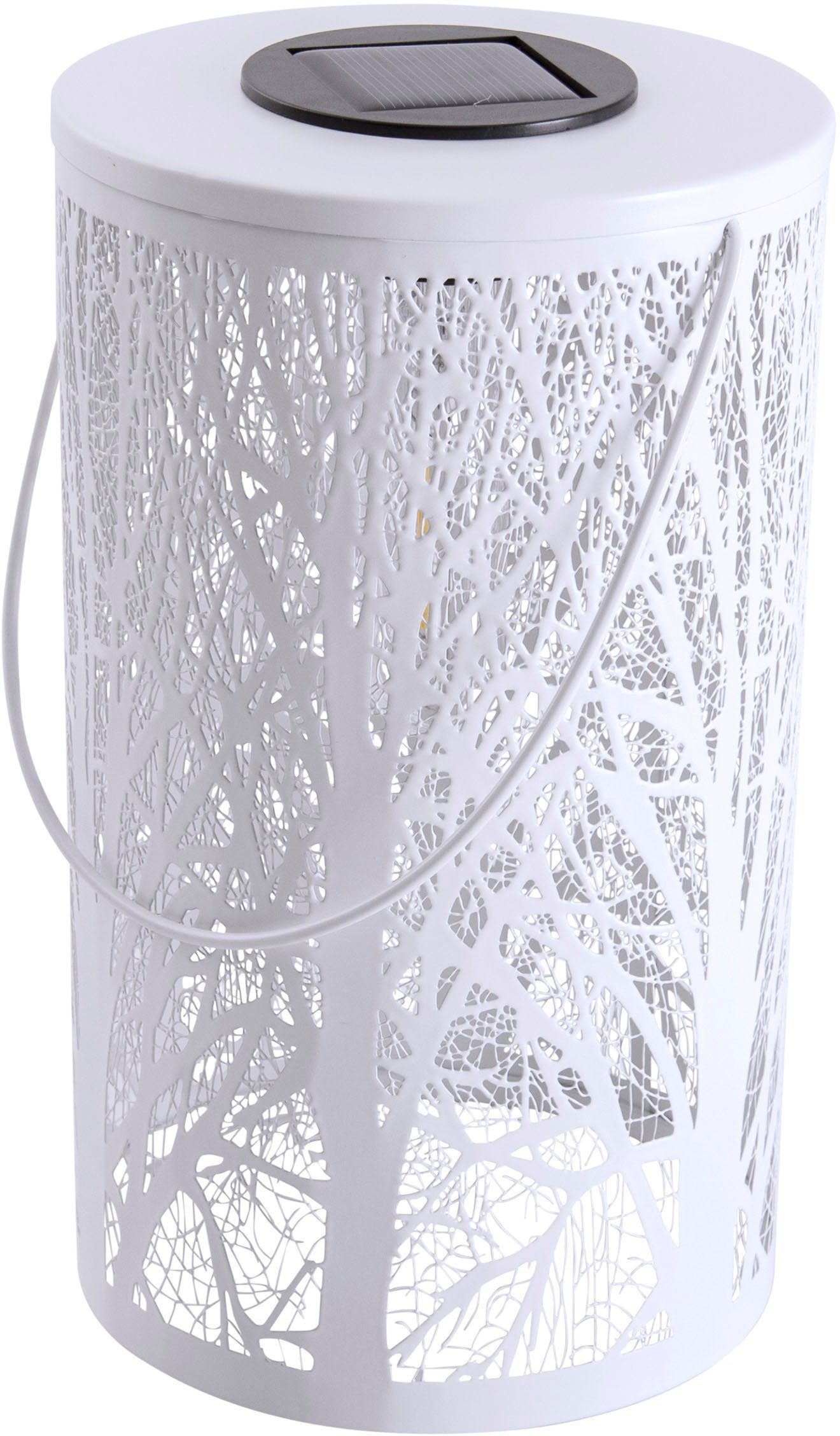 näve Ledsolarlamp Bos rond d: 12 cm, h: 20 cm, wit, bosmotief, warmwit licht, accu, handgreep (1 stuk)