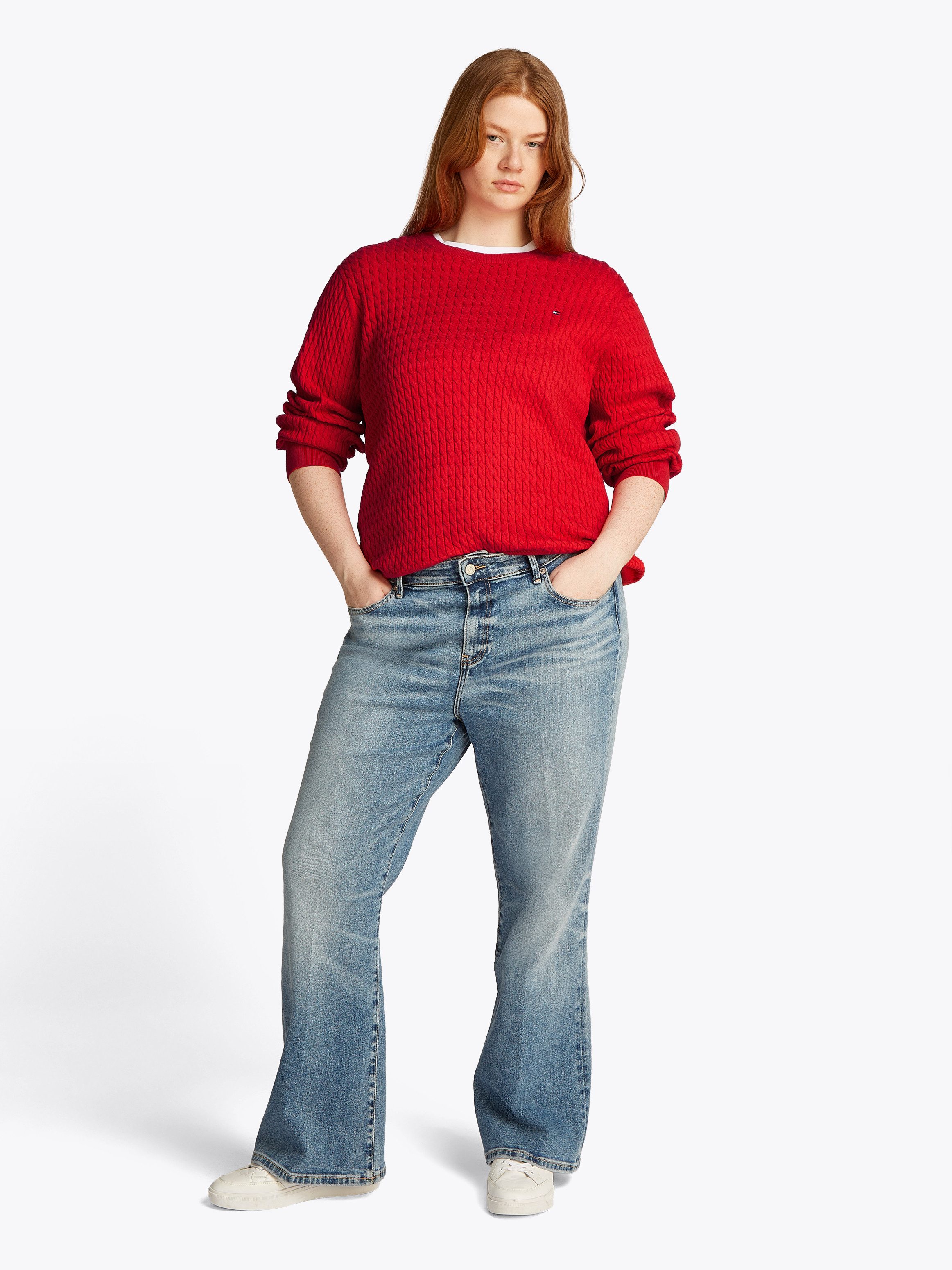 Tommy Hilfiger Curve Trui met ronde hals CRV CO CABLE C-NK LS SWEATER in grote maten, kabelpatroon, logoborduursel