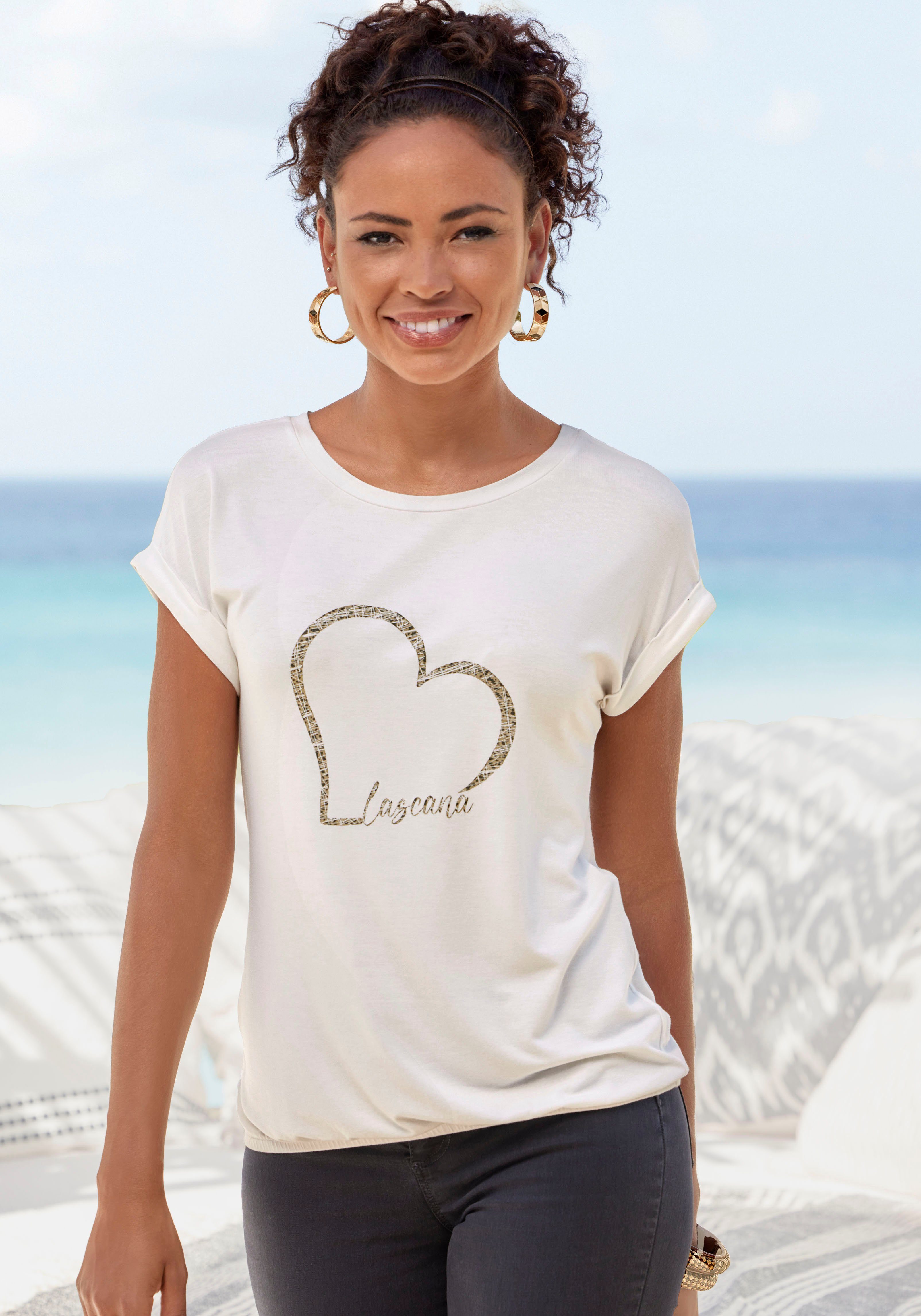 Lascana Shirt met korte mouwen Met Lascana hartprint van zachte viscose-stretch (1-delig)