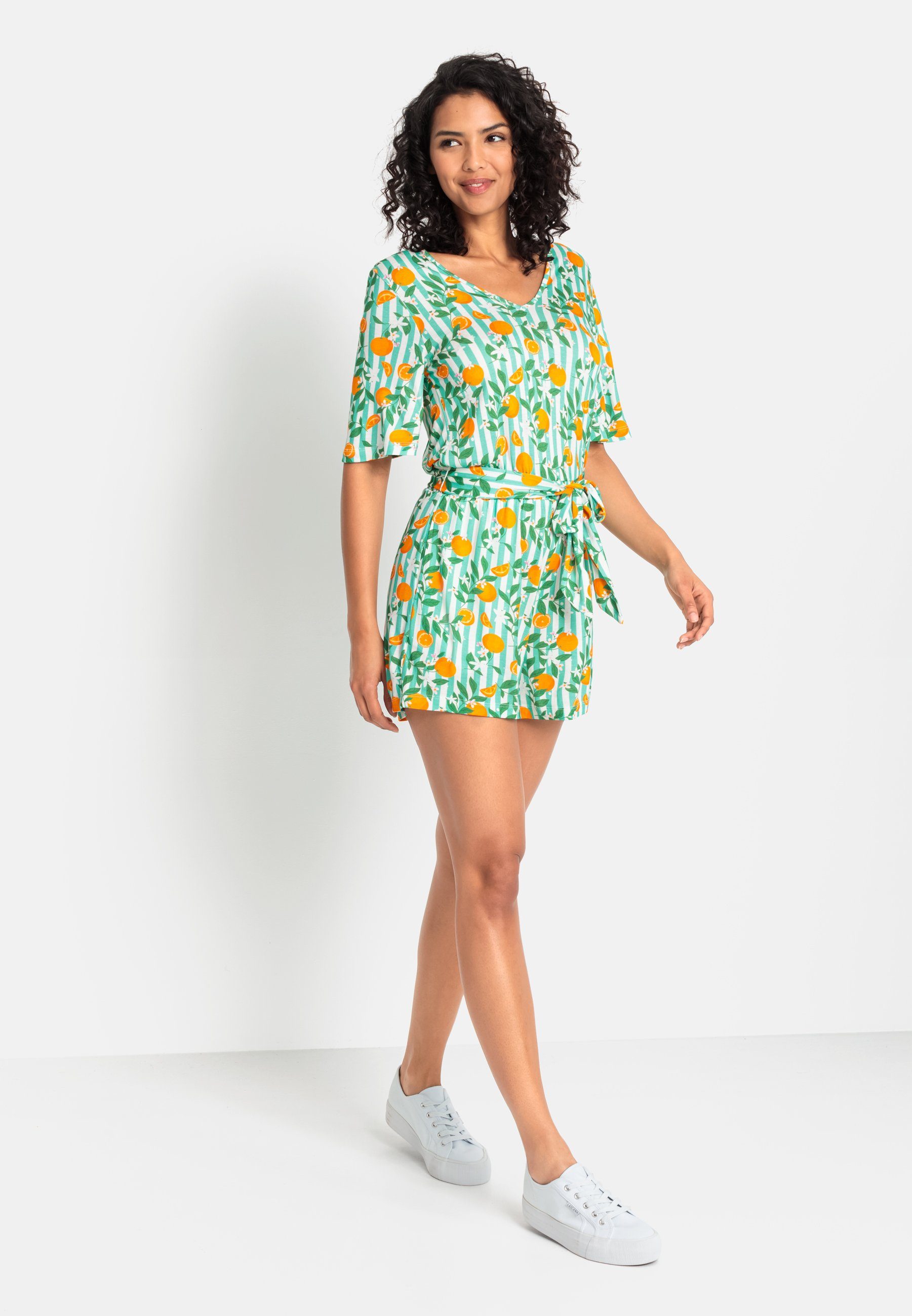 Buffalo Korte jumpsuit met alloverprint, zomerse jumpsuit, strandmode (Met een bindceintuur)