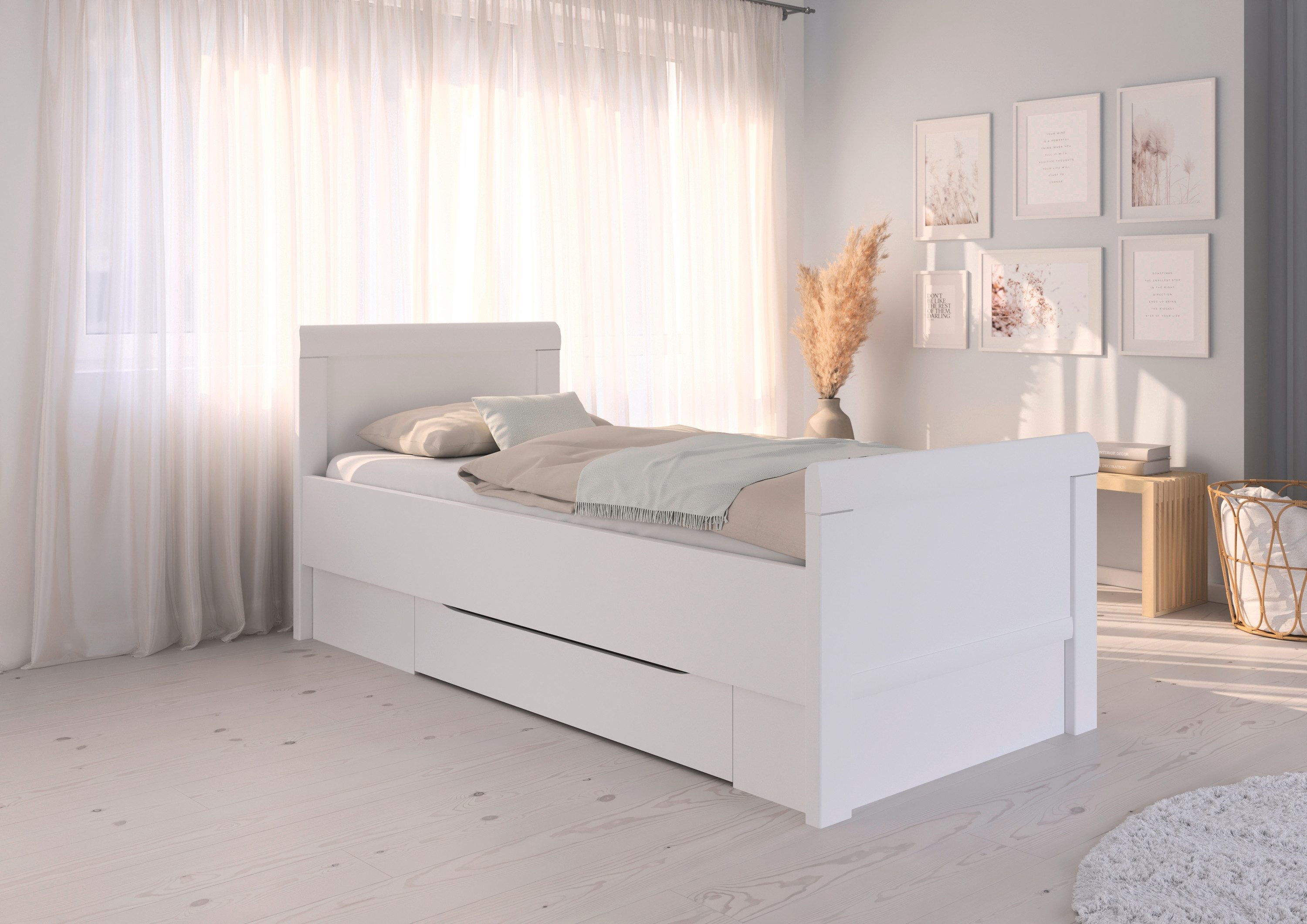 rauch Ledikant met bergruimte Bed Eenpersoons Stollenbed Bedkasten EVELYN in comfortabele hoogte met houten hoofdeinde en lades made in germany