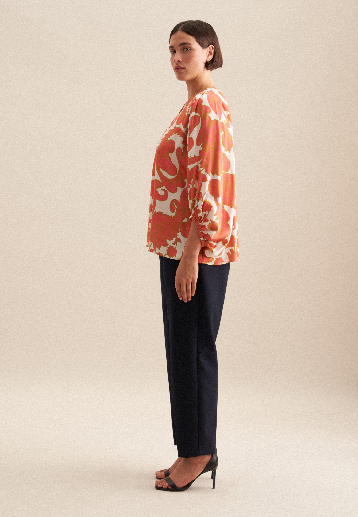 seidensticker Shirtblouse Zwarte roos 3/4-mouw v-hals paisley