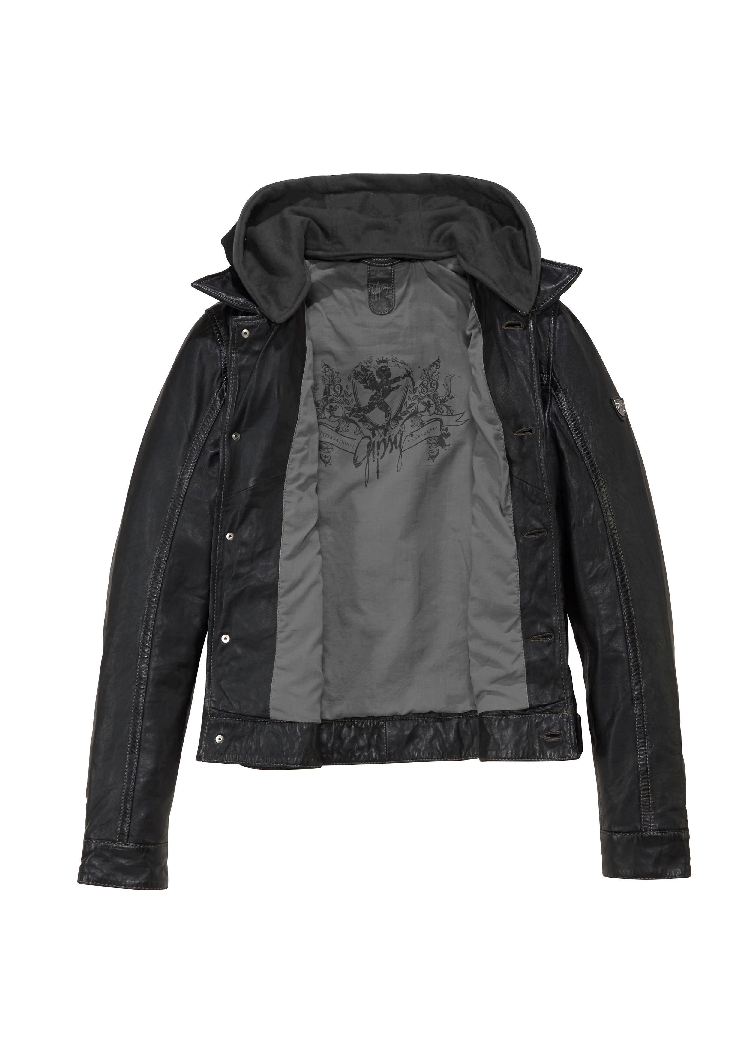 Mauritius Leren jack Yeenie in jeansjack-look met een afneembare jerseycapuchon