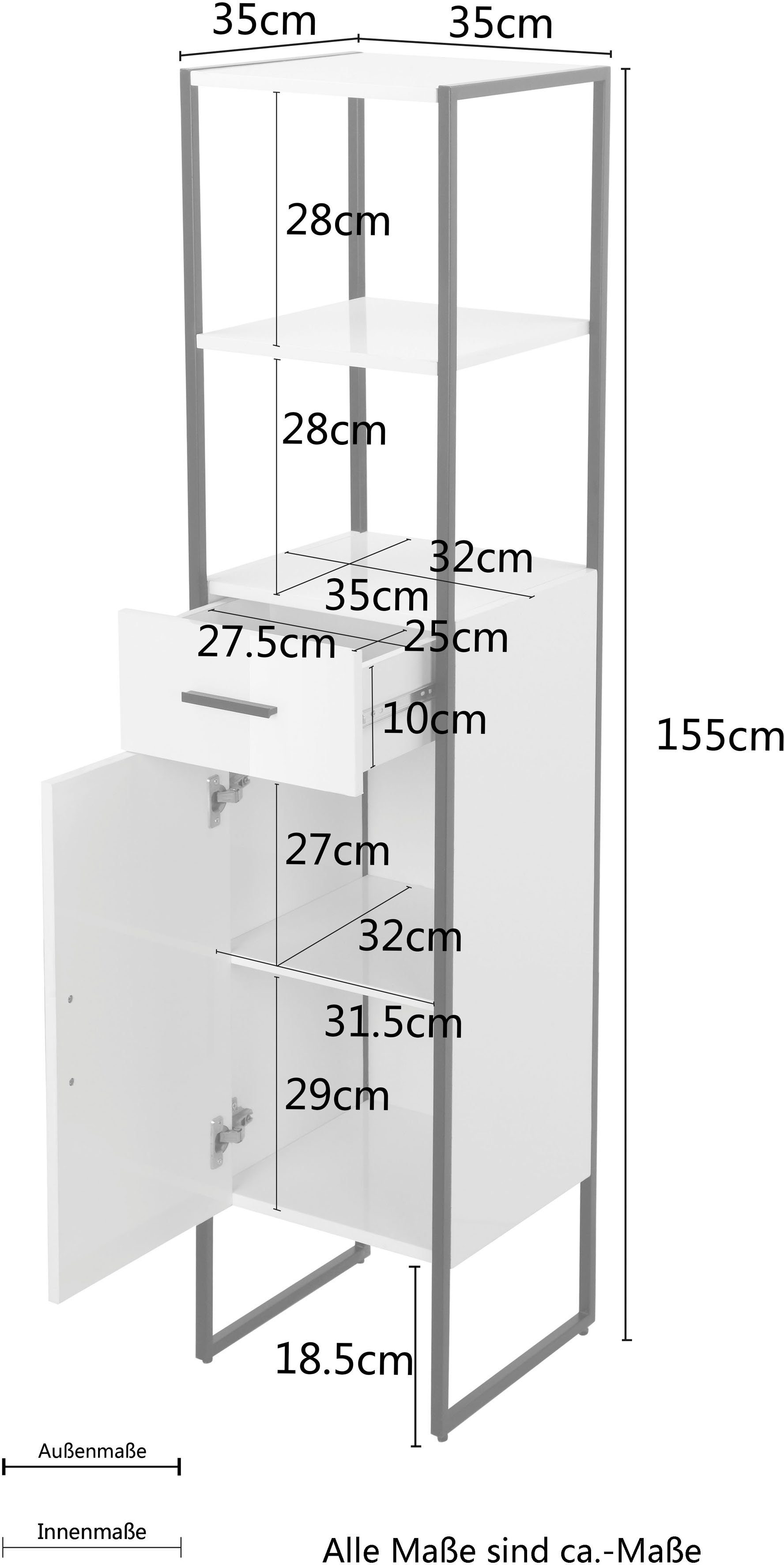 welltime Hoge kast Pisa kast WC bad hoogglans metaal badkamerkast met lade en deur, breedte 35 cm