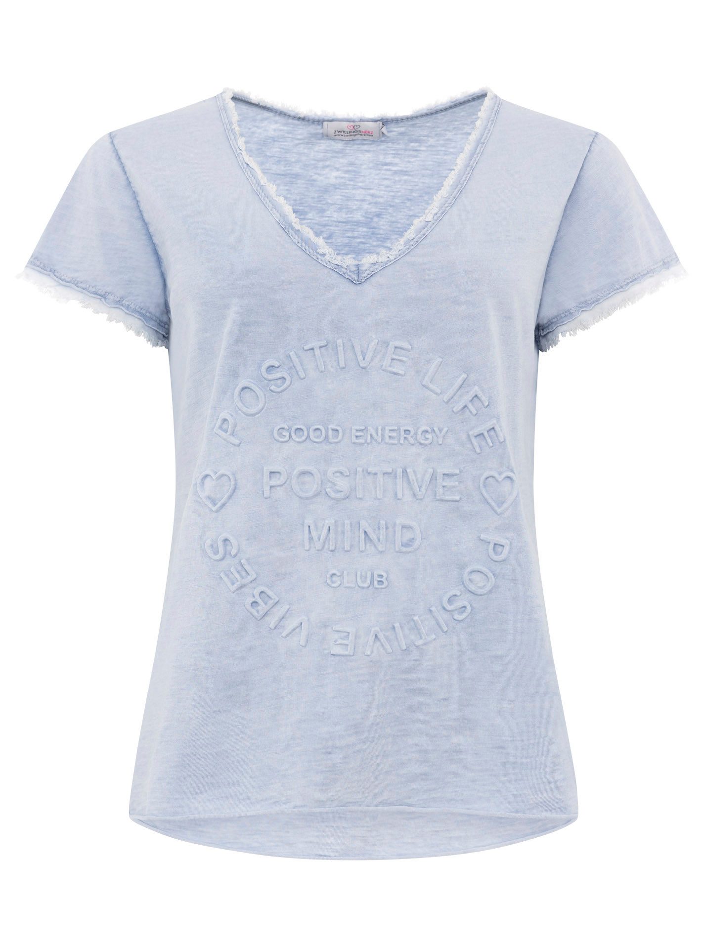 Zwillingsherz T-shirt Positive Mind met v-halslijn, stempeldruk en zoom in used-look