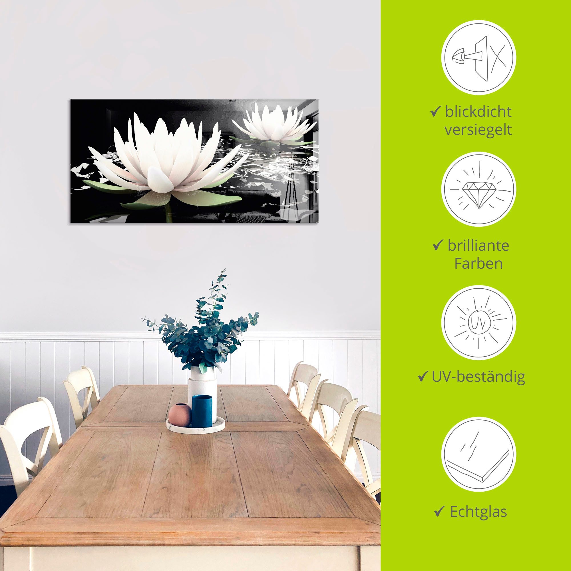 Artland Print op glas Twee lotusbloemen op het water
