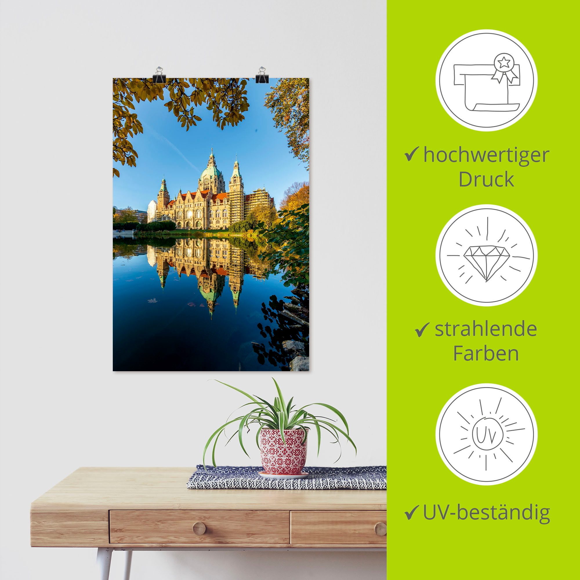 Artland Poster Weerspiegeling van het stadhuis in Hannover als artprint van aluminium, artprint op linnen, muursticker of poster in verschillende maten