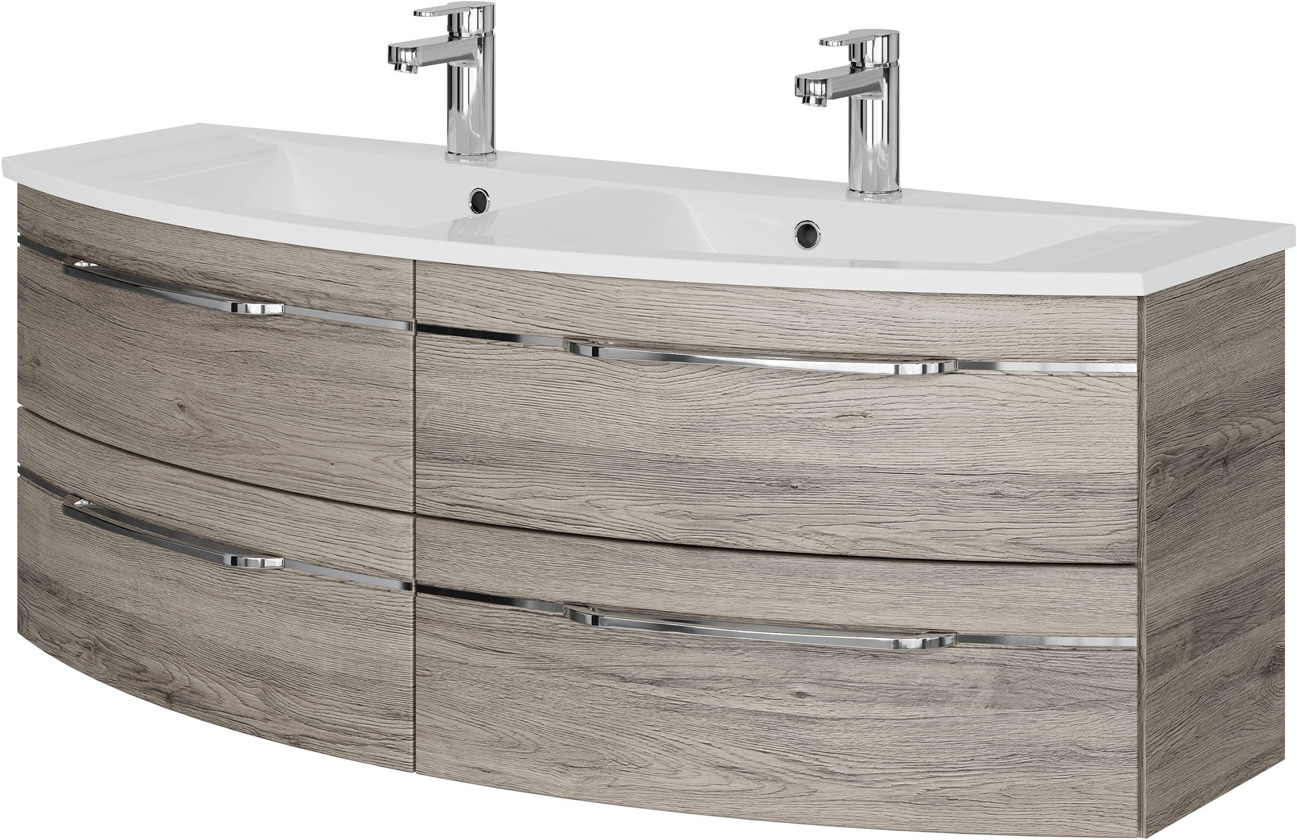 Saphir Wastafelonderkast Serie 7045 Mineralmarmor-Waschtisch und Unterschrank, 131 cm breit