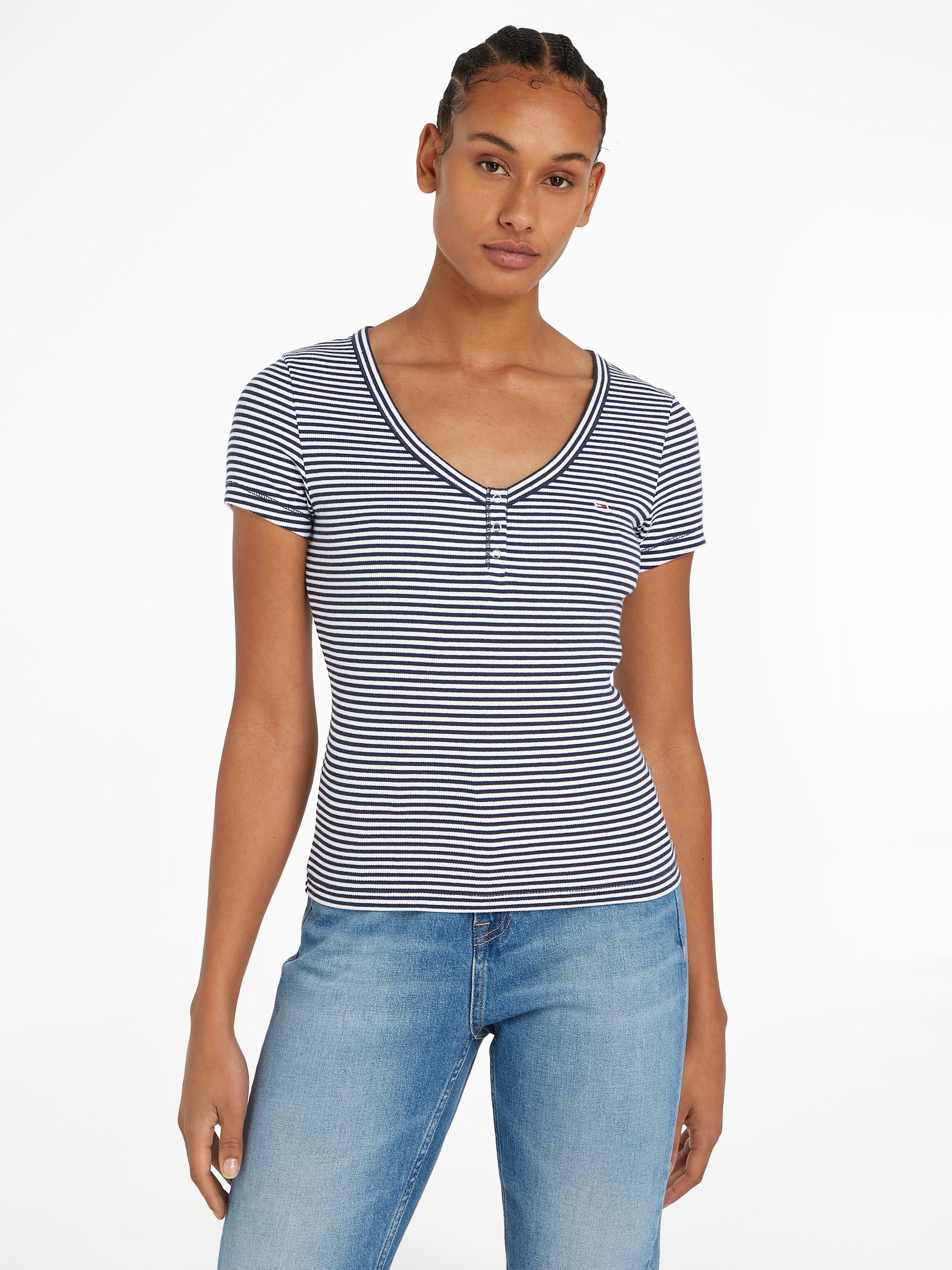 TOMMY JEANS Shirt met V-hals TJW SLIM HENLEY STRIPE V-NECK SS