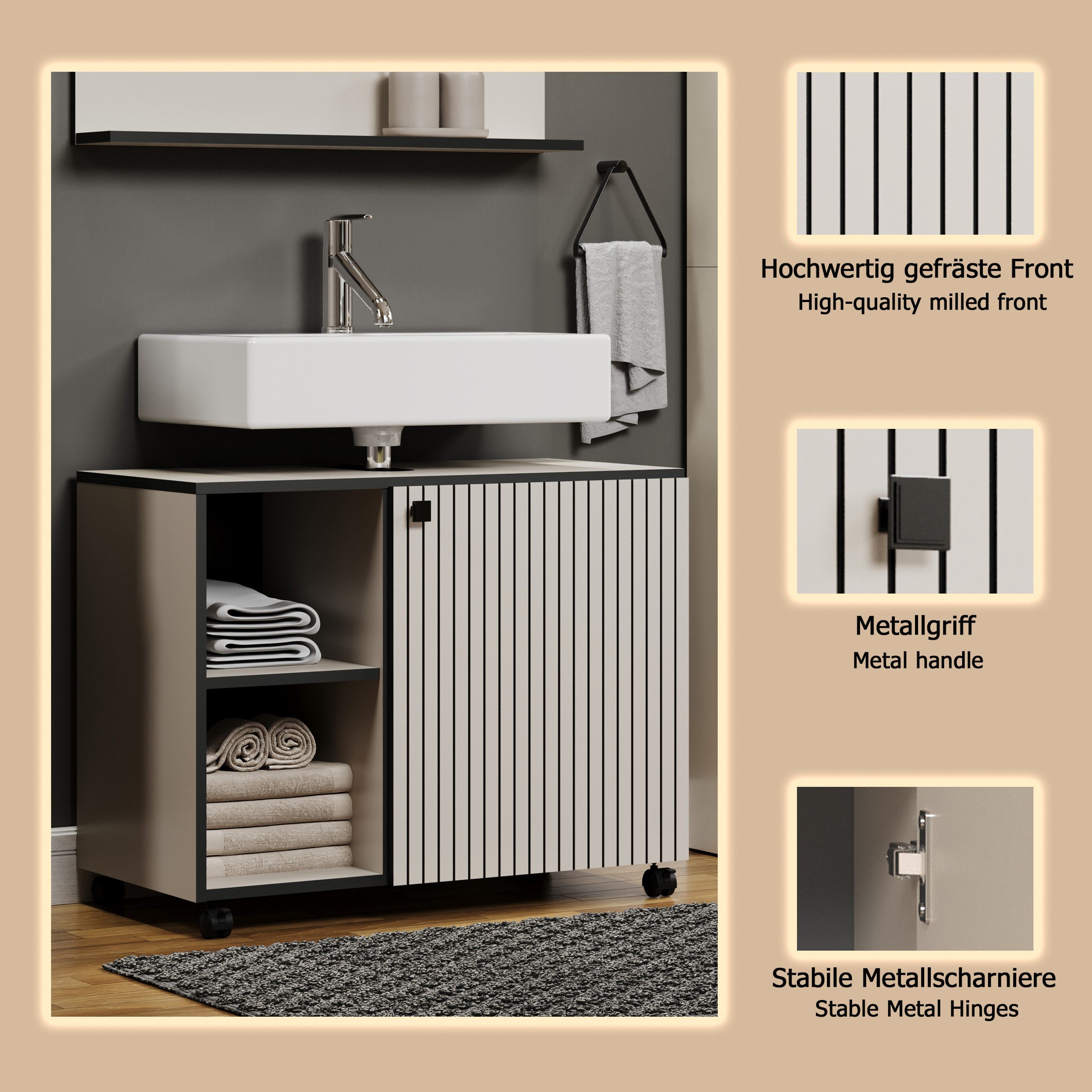 welltime Wastafelonderkast Amrum BxHxD 80 x 64 x 42 cm wastafelonderkast eiken rillen-look