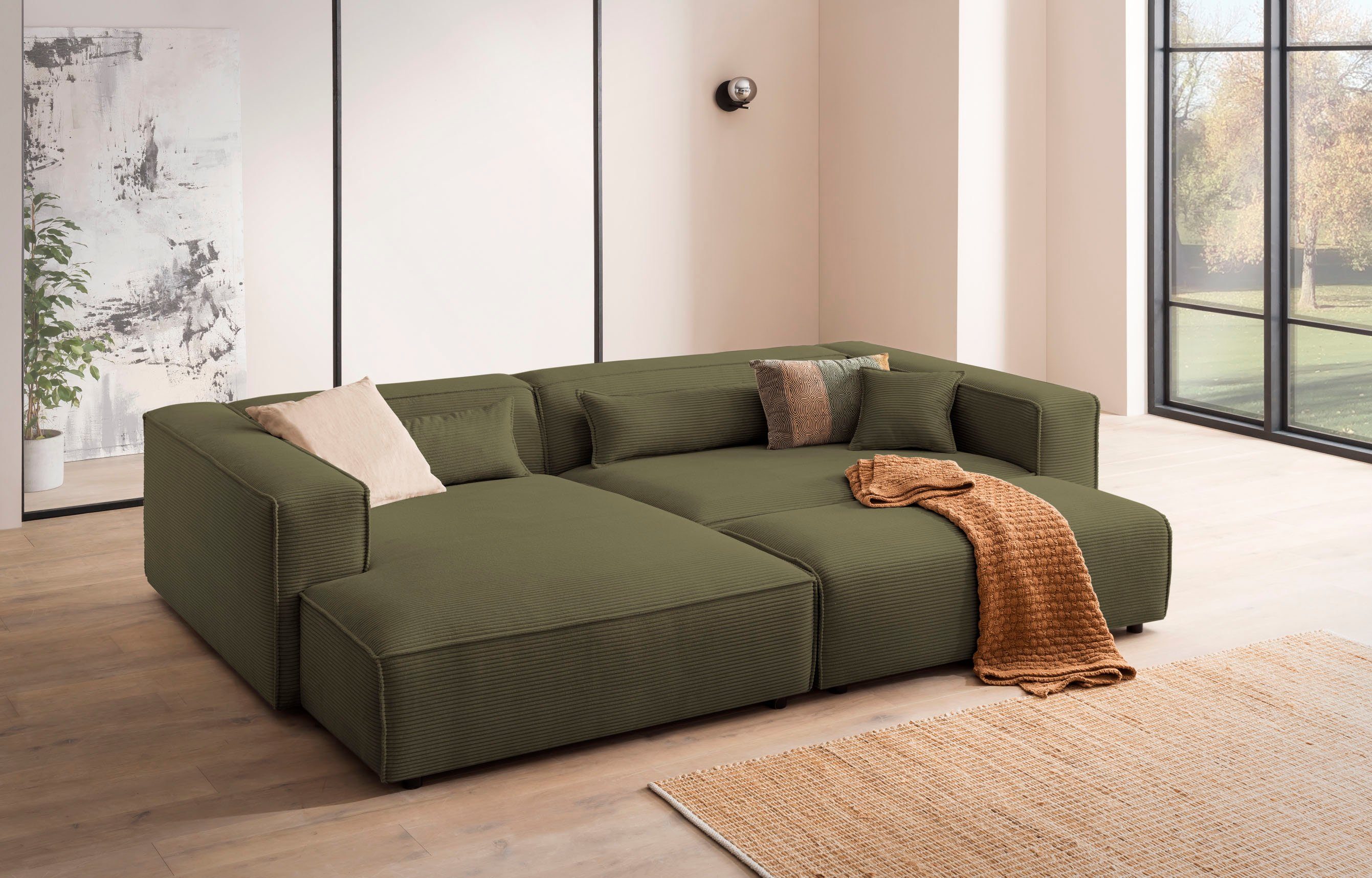 LeGer Home by Lena Gercke Hoekbank PIARA XXL, L-vorm met slaapfunctie, Big-sofa in cord of linnenlook Hocker verstelbaar tot slaapbank (krokodillenverbinder), diepe zitting