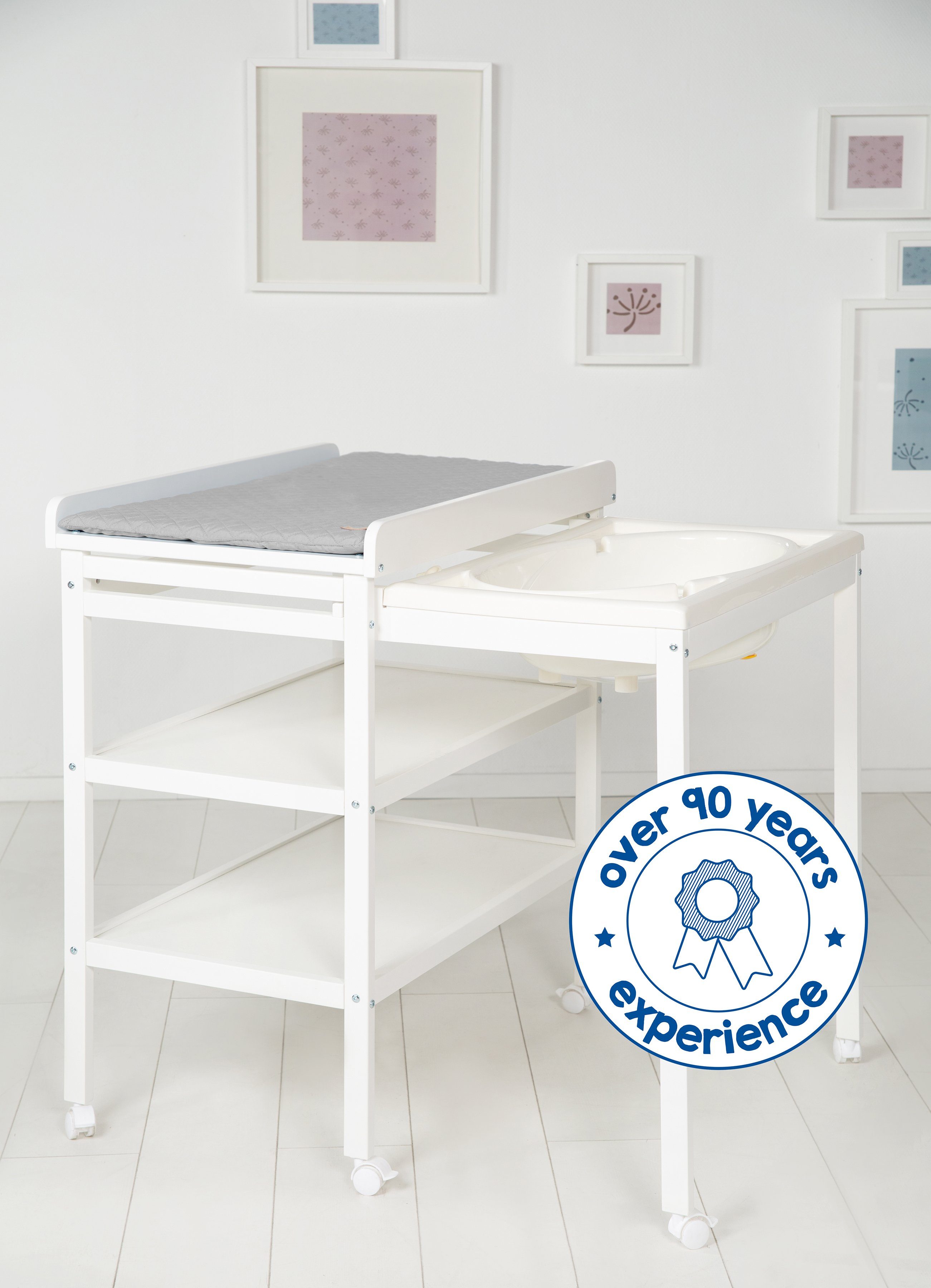 Roba® Badstandaard/commode Stijl, babyzwembad, wit inclusief uittrekbare badkuip en aankleedkussen zilvergrijs