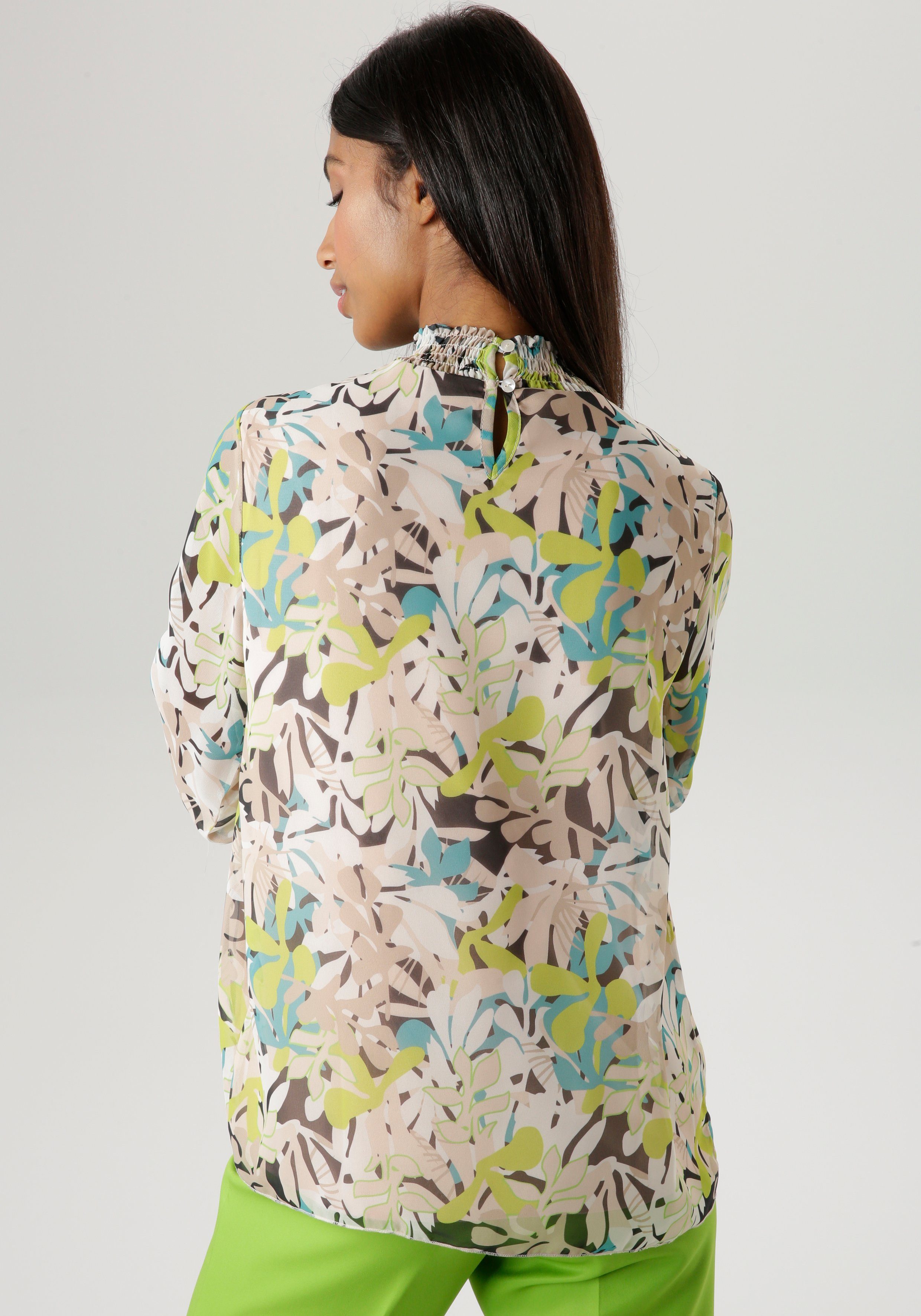 Aniston SELECTED Chiffon blouse met bladerenprint en gerimpelde borden