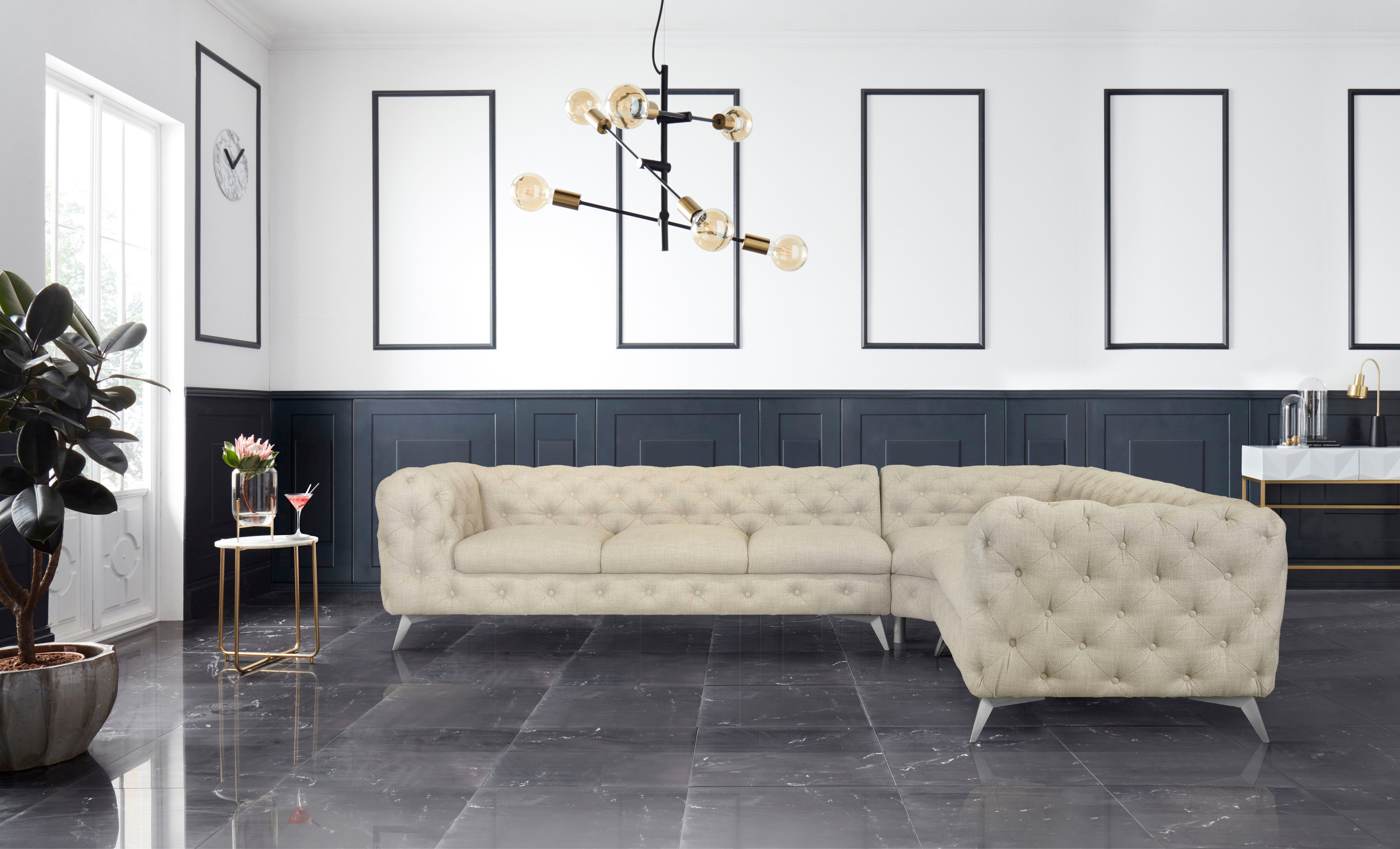 Leonique Chesterfield-bank Glynis L-vorm luxueuze capitonnage, moderne chesterfield look, kleur van de poten ter keuze
