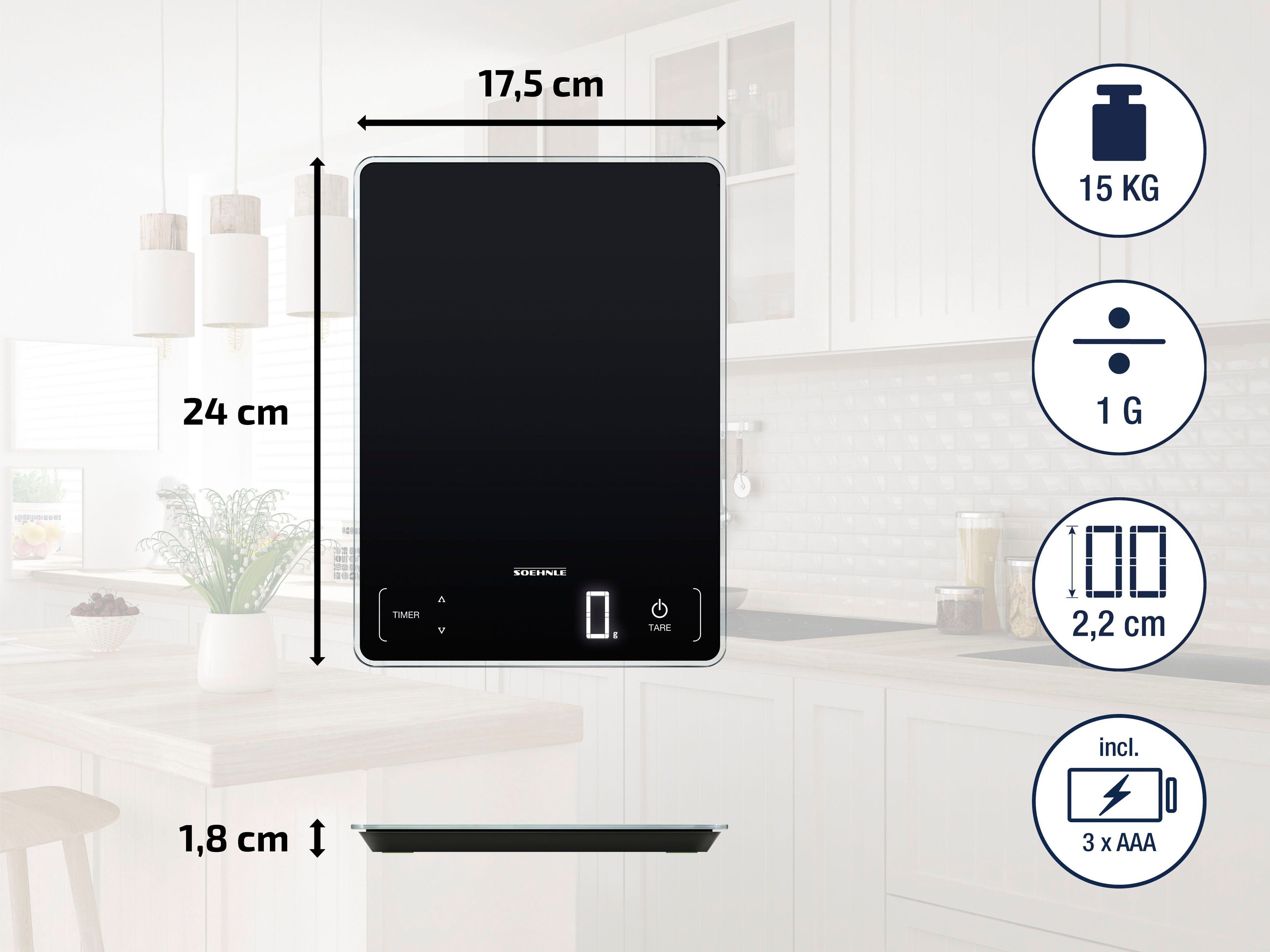 Soehnle Keukenweegschaal Page Profi 100 &sensor-touch + keukentimer, draagvermogen tot 15 kg, 1g nauwkeurige opsplitsing