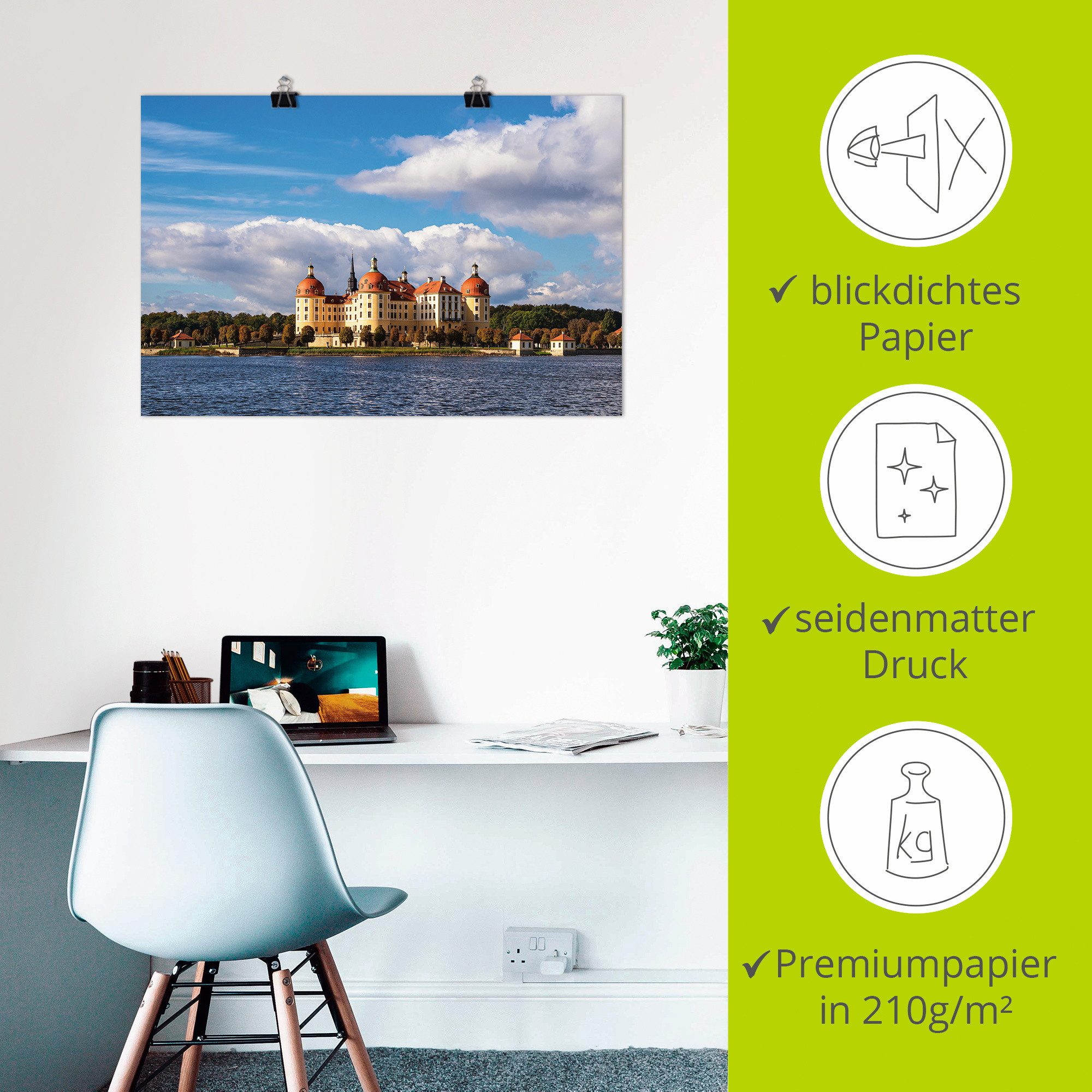 Artland Poster Uitzicht op kasteel Moritzburg in Saksen als artprint van aluminium, artprint op linnen, muursticker of poster in verschillende maten