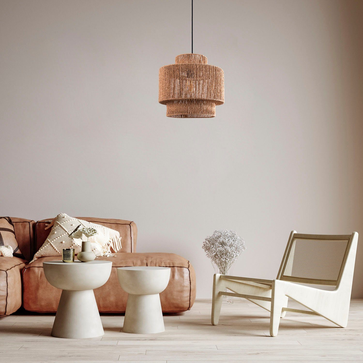 Paco Home Hanglamp Hugo Lupita Woonkamer eetkamer rattan look Boho lampenkap papier