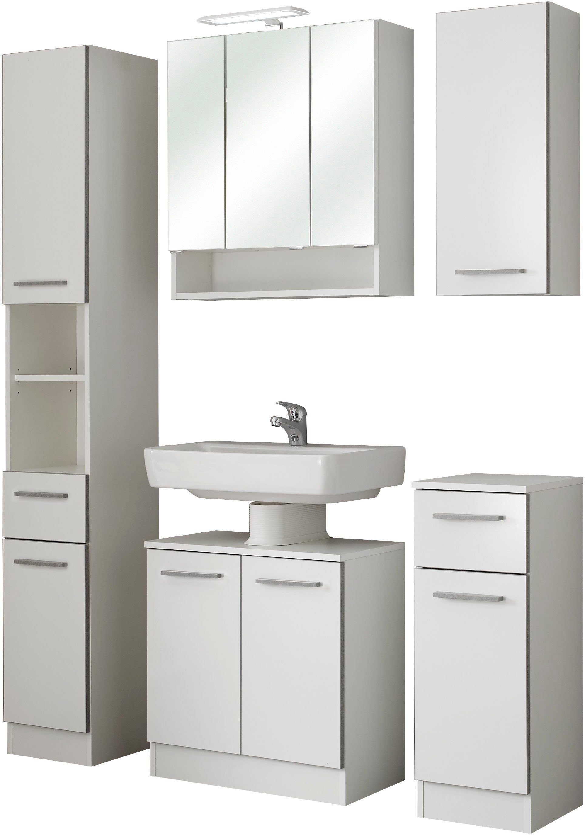 Saphir Badmeubelset Quickset 953 5-delig, wastafelonderkast en led-spiegelkast in glanzend wit, badkamermeubel inclusief deurdemper, zonder wasbak, 9 deuren (set, 5 stuks)