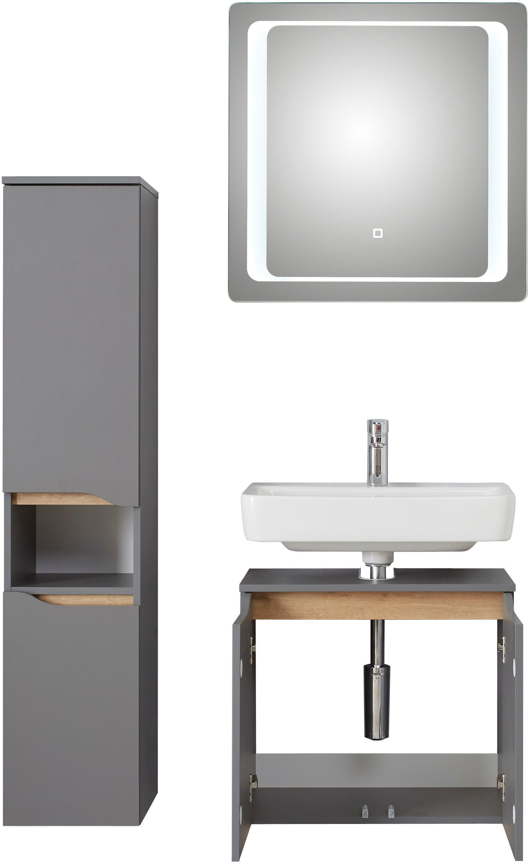 Saphir Badkamerserie Quickset 3-delig, wastafelonderkast met led-spiegel met halfhoge kast, inclusief deurdemper, 4 deuren, 1 nis, badkameraccessoireset (3-delig)
