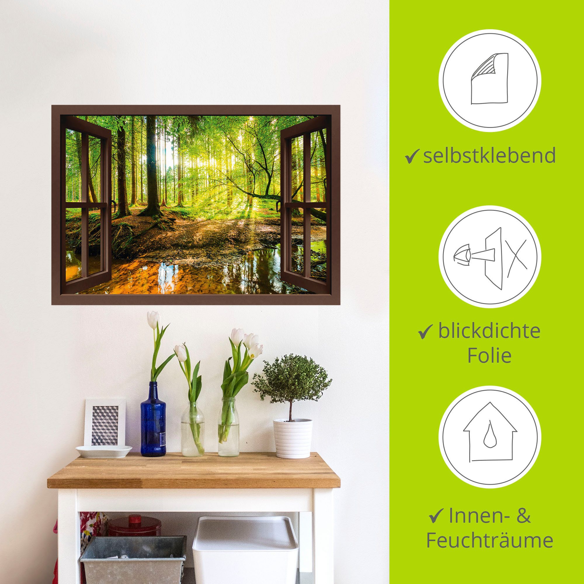 Artland Artprint Blik uit het venster - bos met beek als artprint op linnen, poster, muursticker in verschillende maten