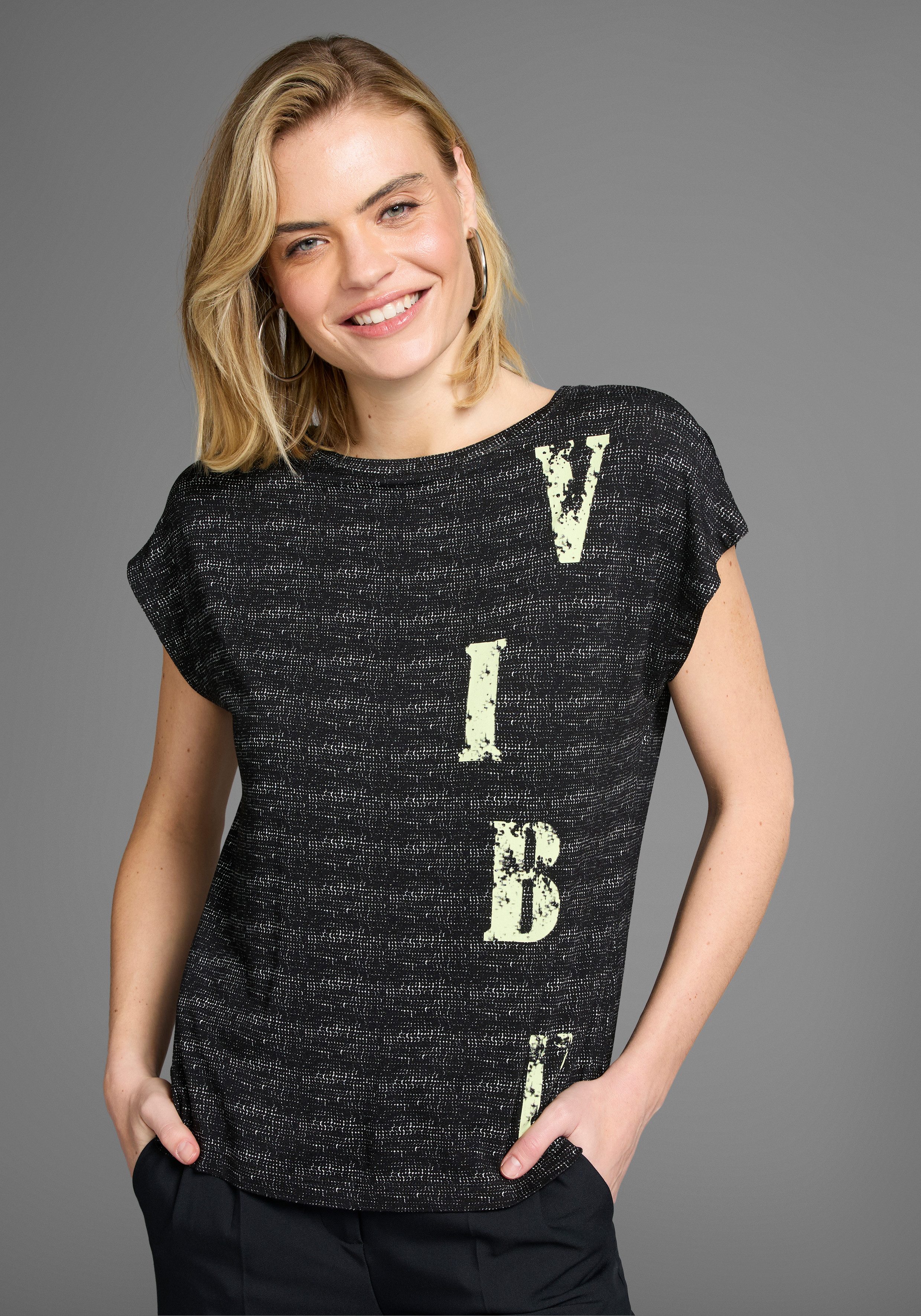 Laura Scott T-shirt in bijzondere melange-look met tekst - nieuwe collectie