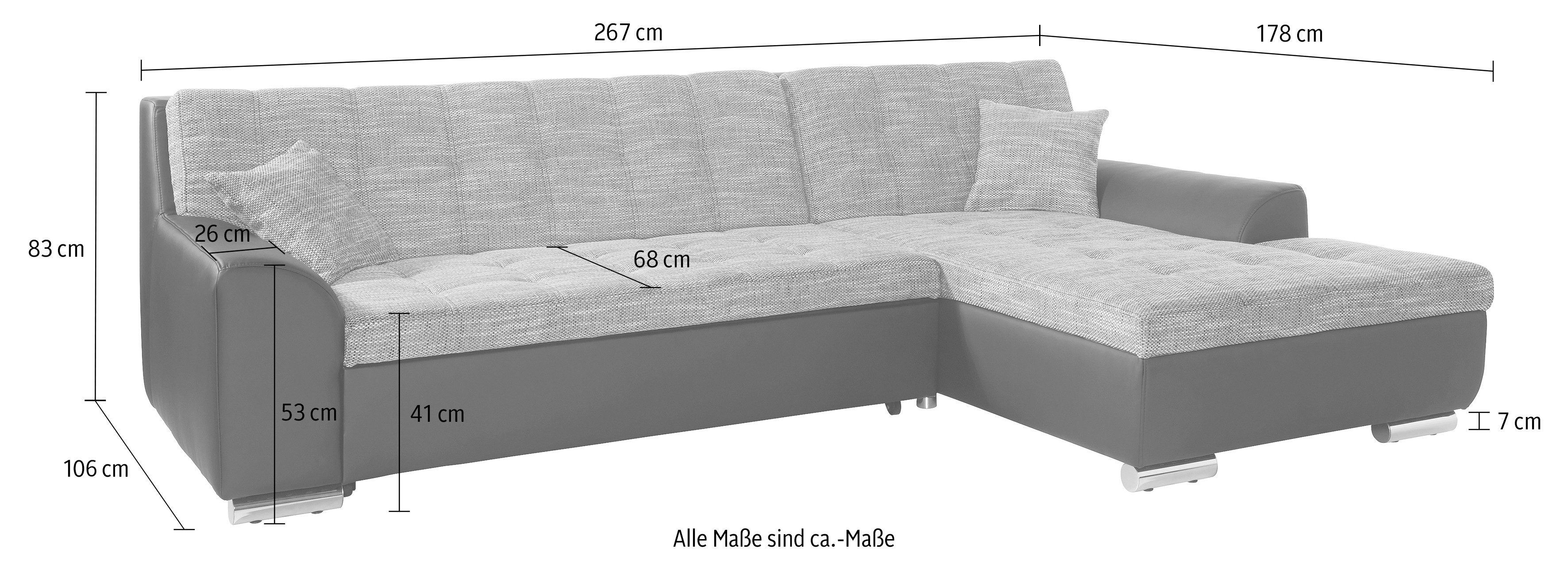 DOMO collection Hoekbank Treviso veel bekledingen, ook in cord, L-vorm, B/D/H: 267/80/83 cm optioneel met slaapbank functie, incl. sierkussens, hoogwaardig doorgestikt patroon