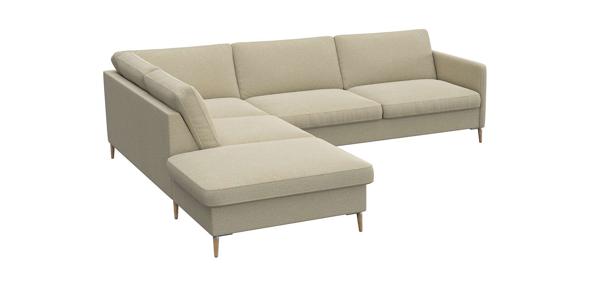 FLEXLUX Hoekbank Fiore, L-vorm smalle armleuningen, koudschuim, aluminium + eiken poten