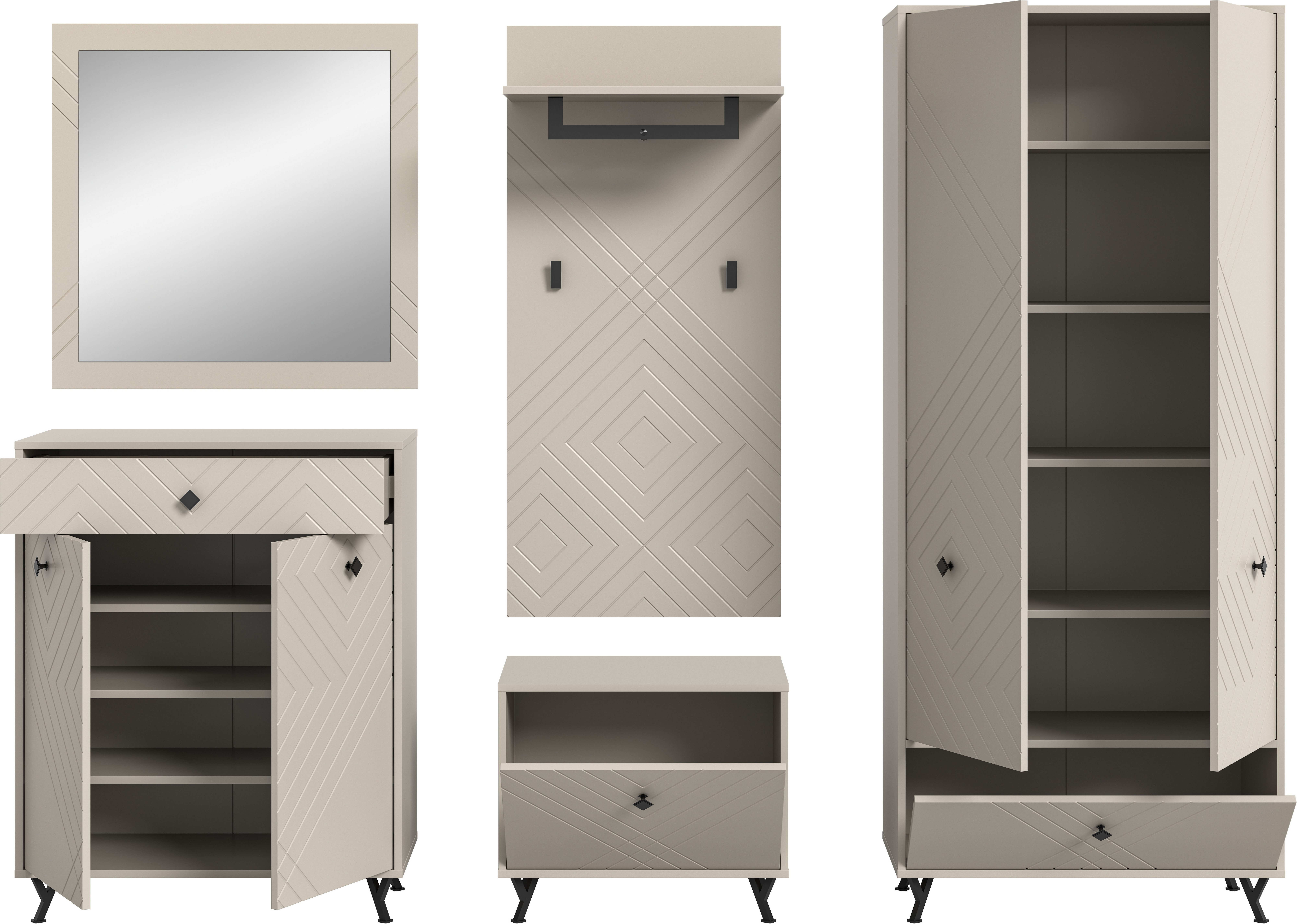 INOSIGN Halmeubelset Mento, 5-delig, ornamentfrezing in de front, bestaande uit: Schoenencommode, spiegel, zitbank, garderobenpaneel, garderobekast (set, 5-delig)