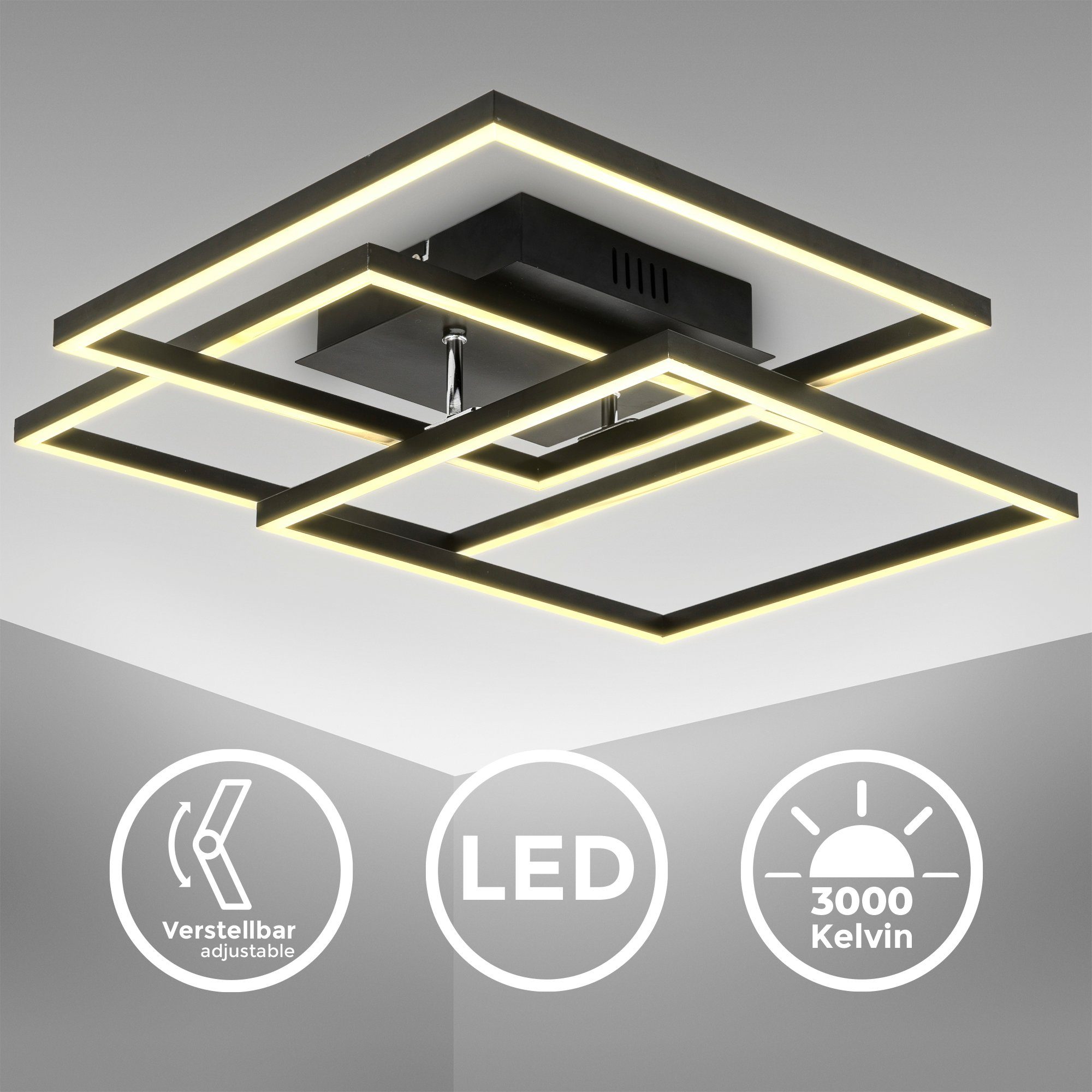 B.K.Licht Led-plafondlamp BK_FR1505 LED plafondlamp, frame, draaibaar, zwart 3-armig, 3000 k warmwit licht, 568x568x95 mm (lxbxh) (1 stuk)