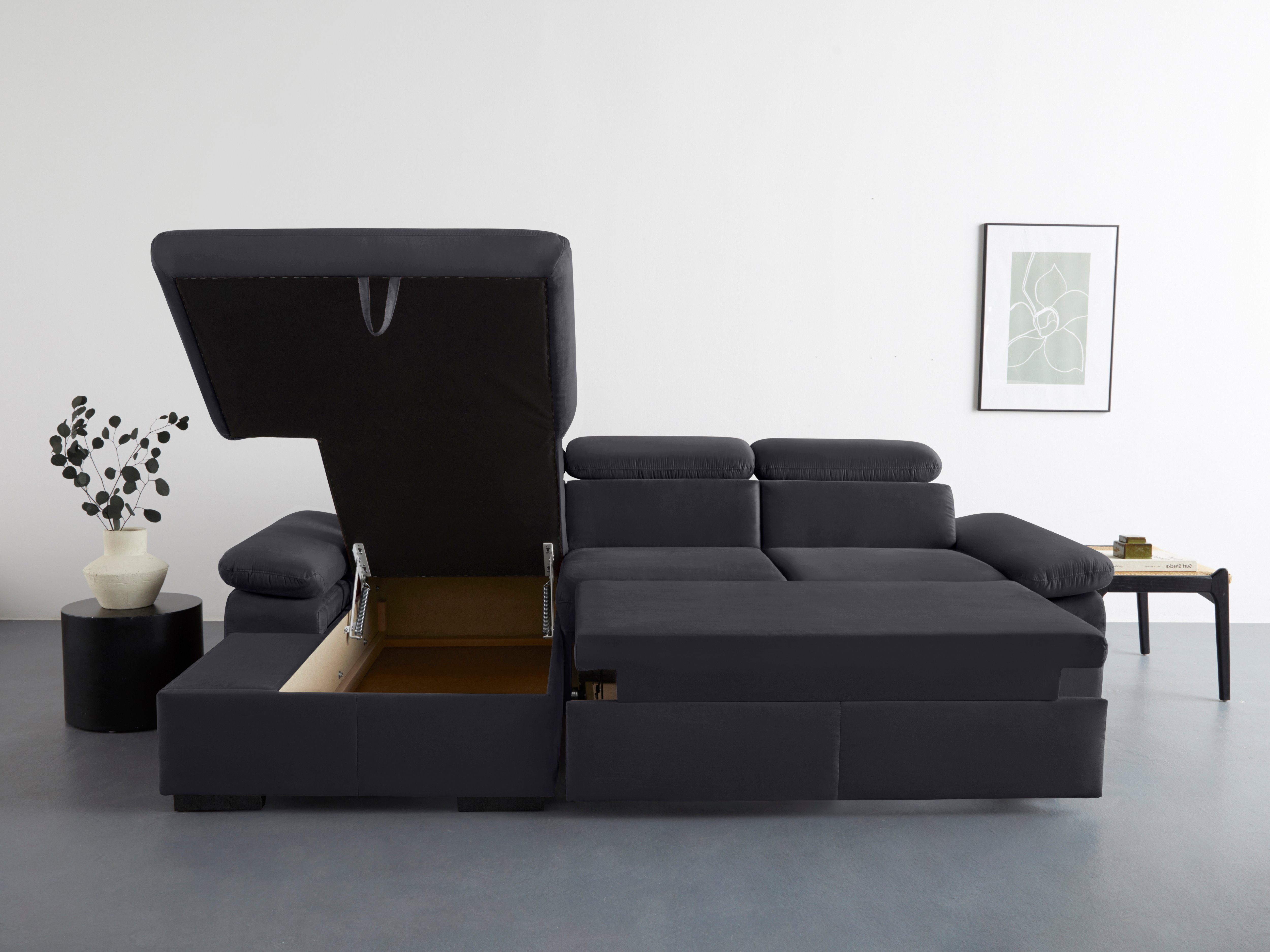 COTTA Hoekbank Lola L-vorm met hoofdeinde-functie & poef keuze met bedfunctie, bedlade & armleuningverstelling (set)