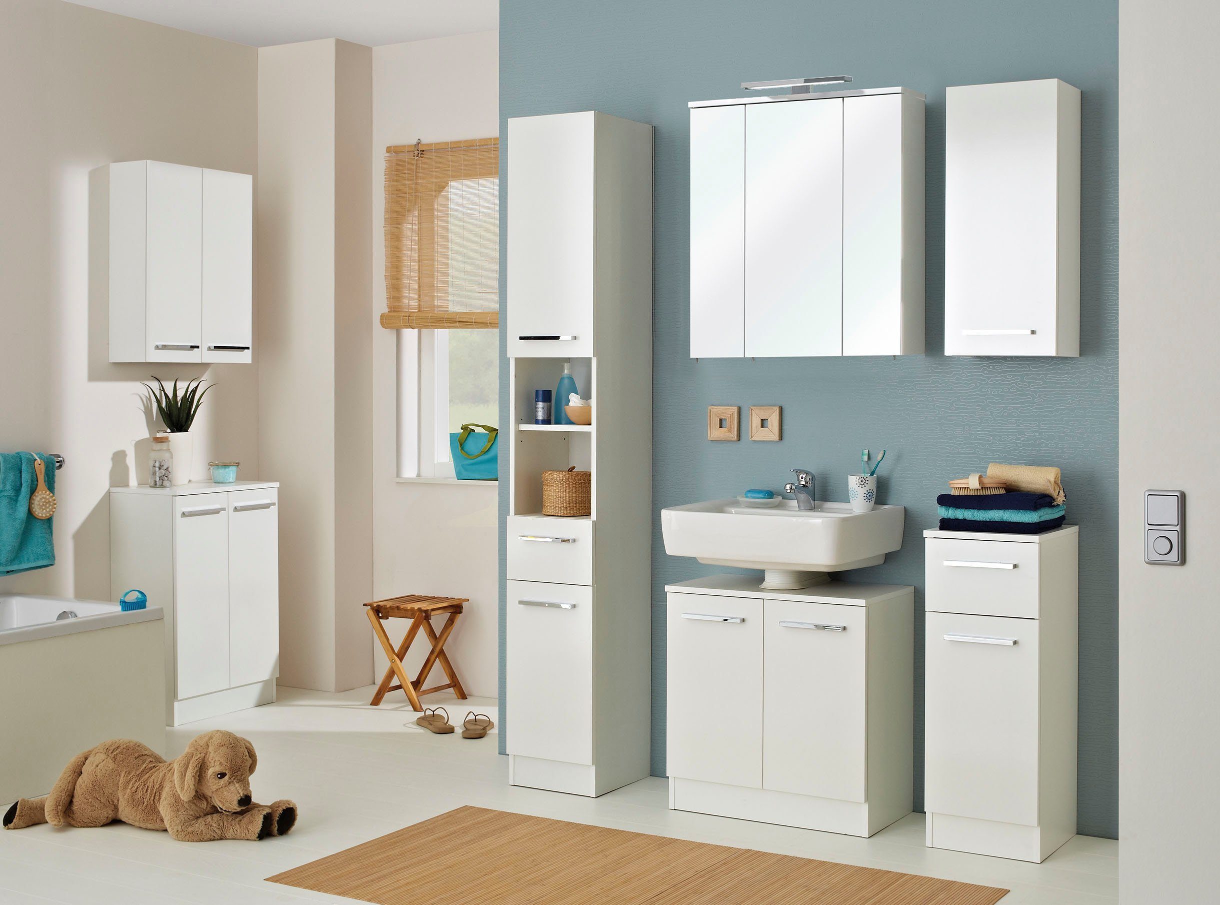 Saphir Badkamerserie Quickset 335 7-delig, wastafelonderkast met led-spiegelkast Hoge kast, onderkasten, hangende kasten, inclusief deurdemper, 13